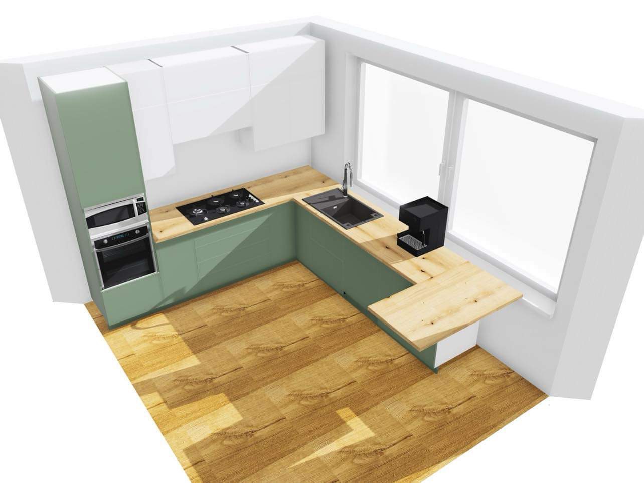 Wizualizacja małej kuchni w odcieniach zieleni z drewnianym blatem, zabudowaną płytą grzewczą i piekarnikiem, z ekspressem do kawy na blacie przy oknie.