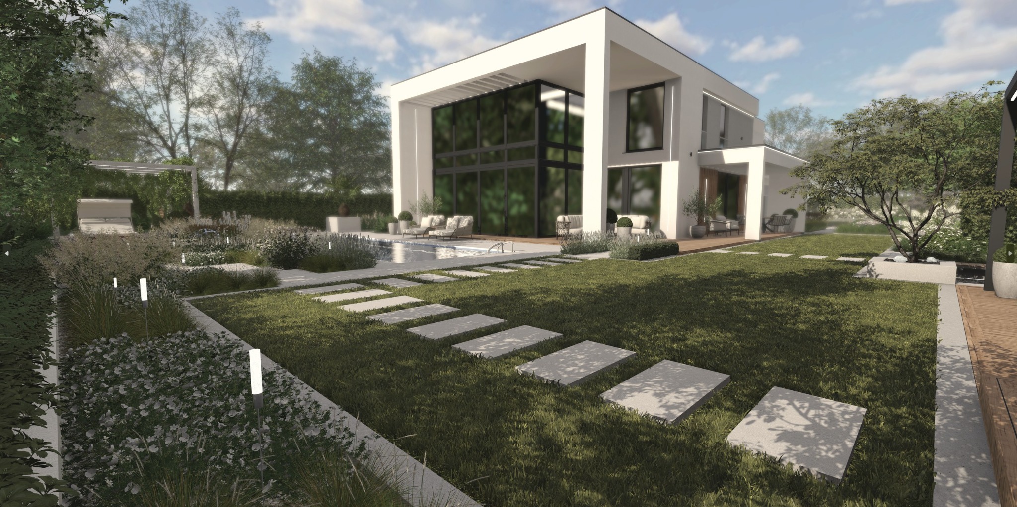 Nowoczesny ogród z geometrycznym układem ścieżek z płyt, basenem i minimalistycznym domem w tle, oświetlony lampami ogrodowymi.