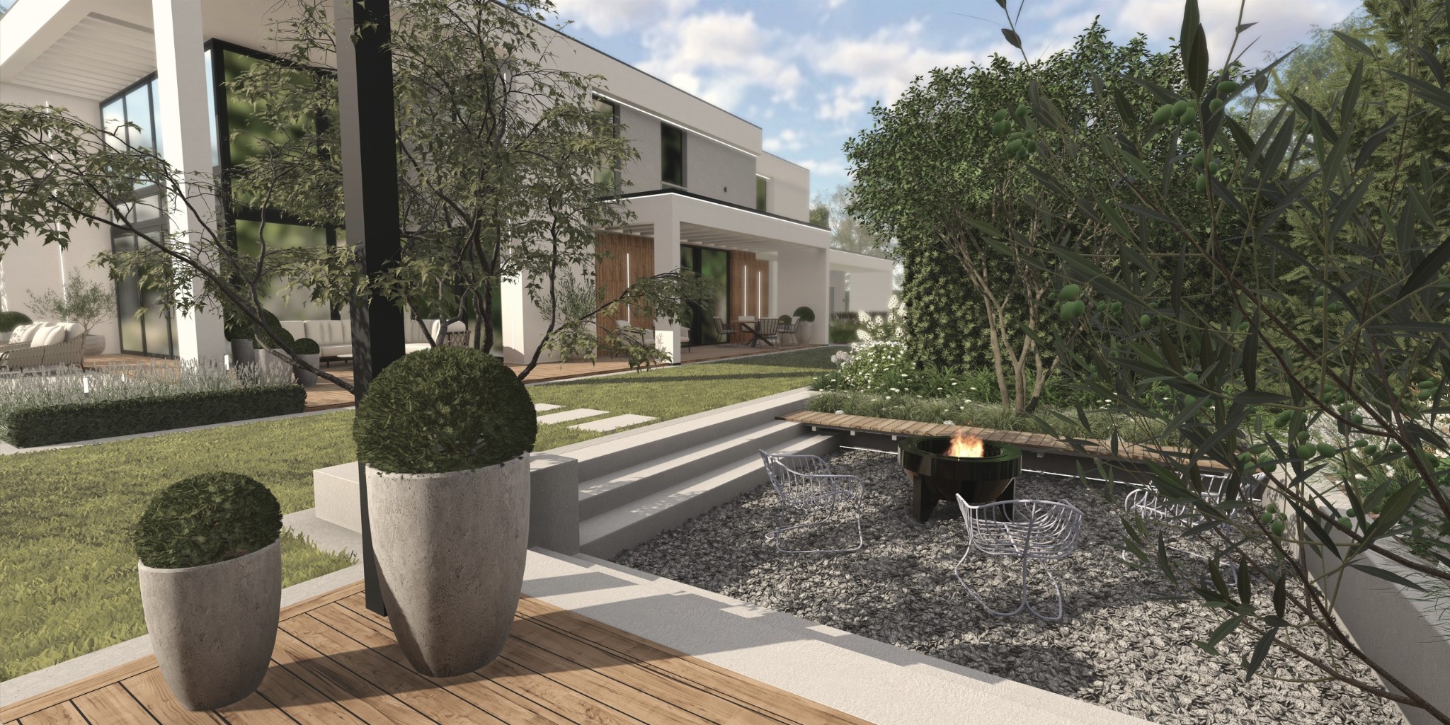 Nowoczesny ogród z paleniskiem i minimalistycznymi krzesłami, trawnikiem i ścieżką z płyt. Widok na dom z dużymi oknami i tarasem. Całość w stonowanej kolorystyce.