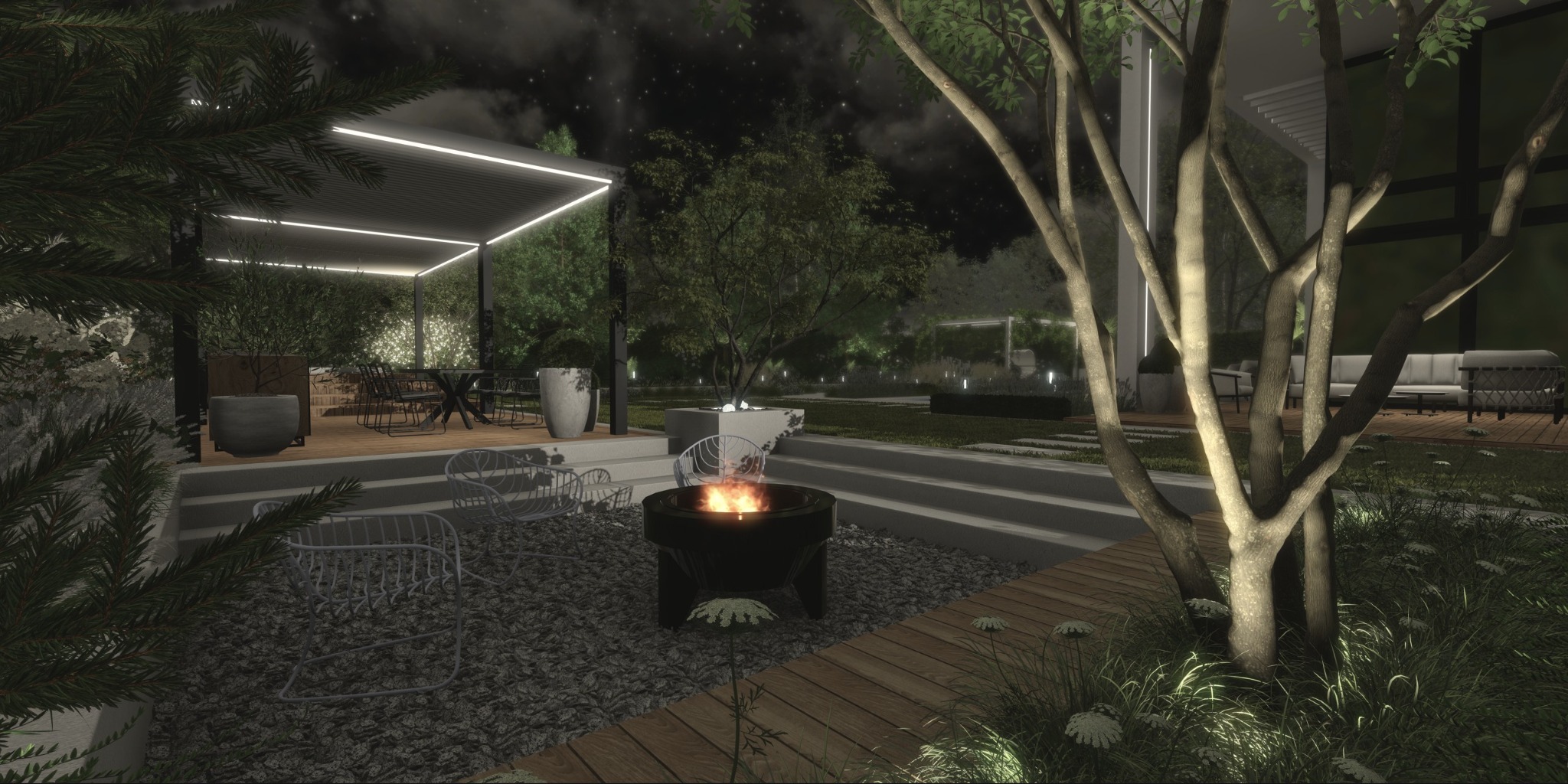 Nowoczesny ogród nocą z paleniskiem, oświetloną pergolą i minimalistycznymi meblami. Kamienny żwir i drewniany taras tworzą elegancką przestrzeń relaksu.