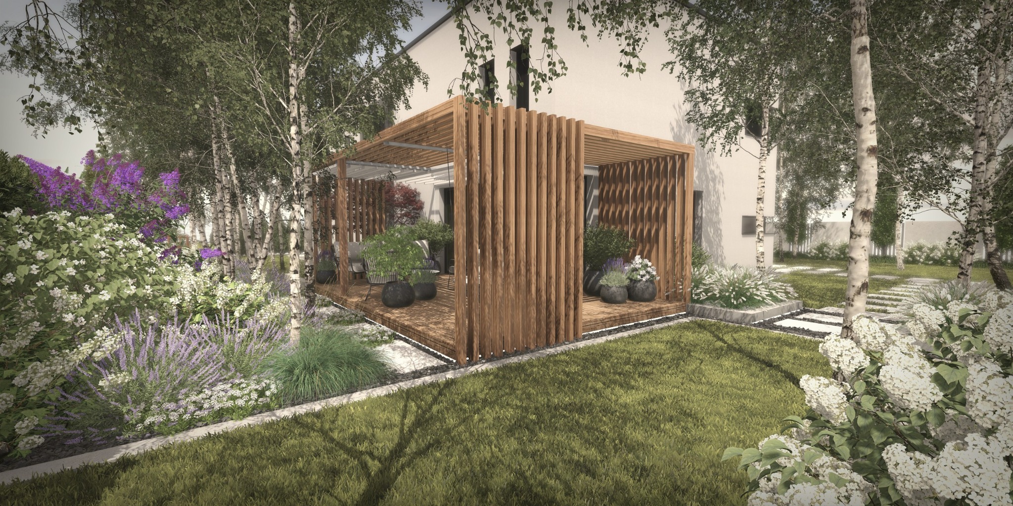 Wizualizacja ogrodu z drewnianą pergolą, rabatami kwiatowymi i ścieżką z płyt. Widoczne brzozy i trawnik. Realistyczny rendering z dbałością o detale.
