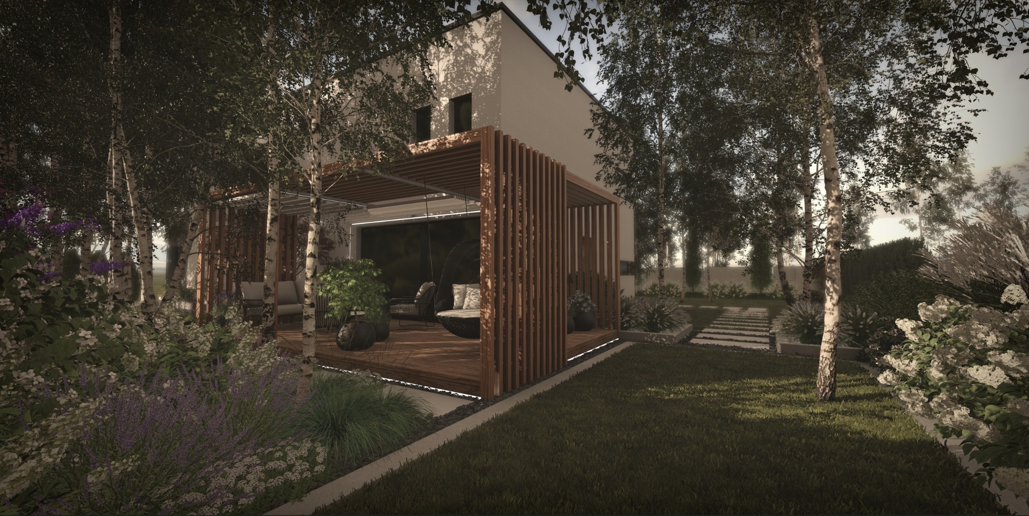 Nowoczesny ogród z drewnianą pergolą, meblami wypoczynkowymi i ścieżką z płyt. Otoczenie pełne zieleni, drzew i kwitnących krzewów. Delikatne oświetlenie podkreśla atmosferę.