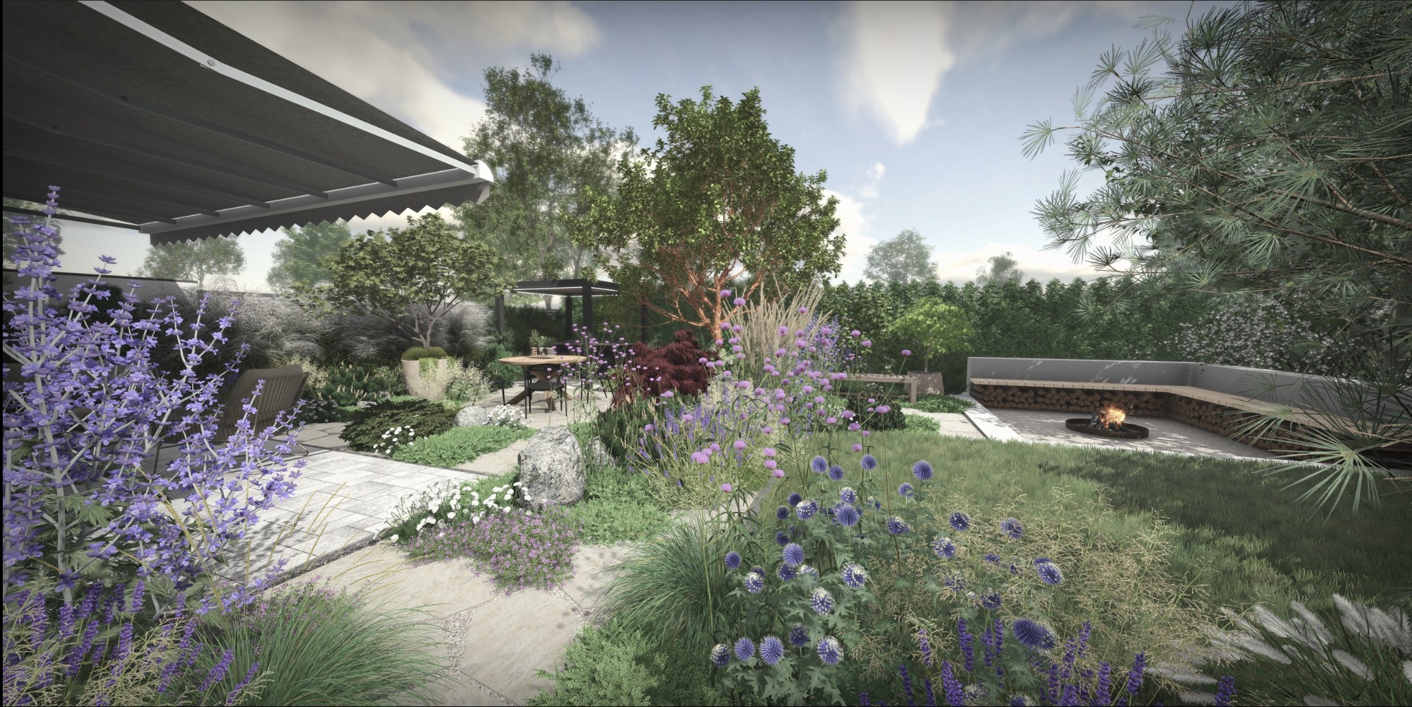 Koncepcja zagospodarowania ogrodu z paleniskiem, kamienną ścieżką i pergolą. Widoczne kwitnące rośliny, trawy ozdobne i drzewa. Realistyczna wizualizacja.