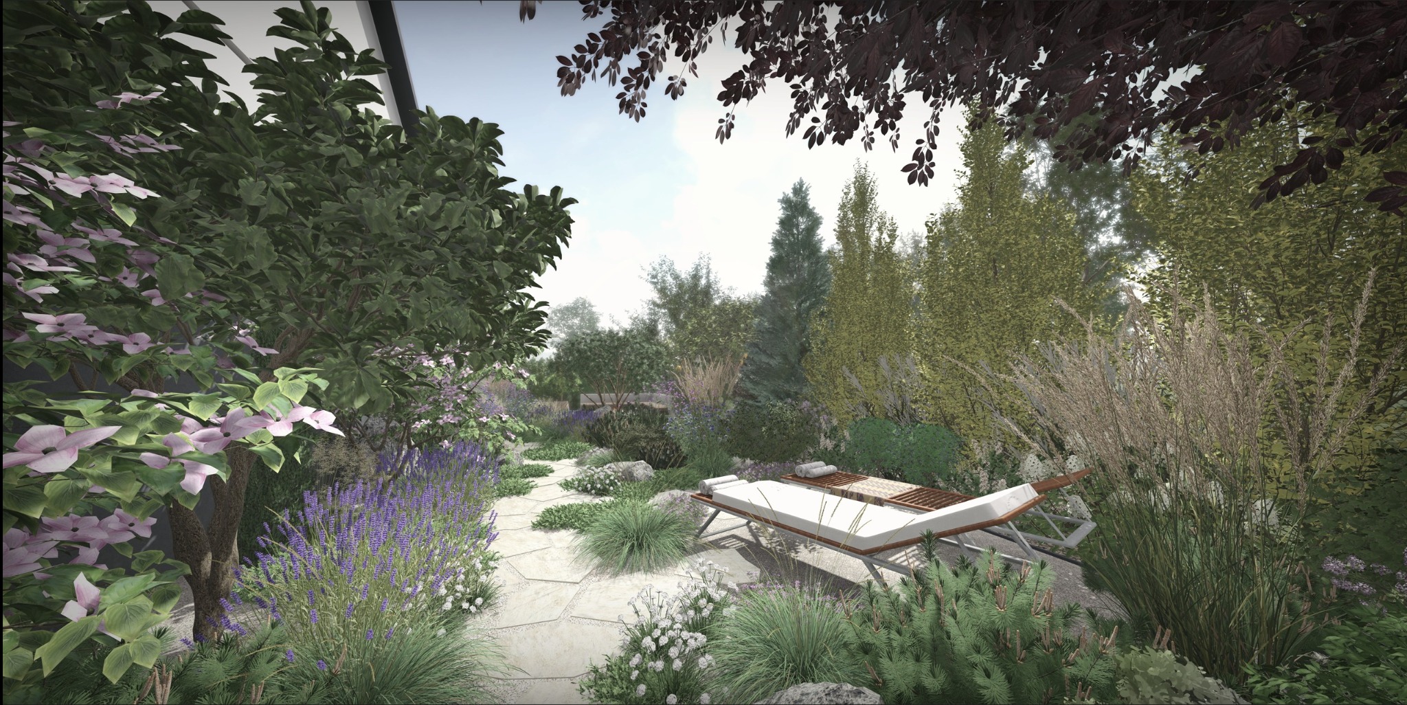 Wizualizacja ogrodu z ścieżką z jasnych płyt, rabatami kwiatowymi, drzewami i leżakiem. Dekoracyjne trawy i krzewy tworzą naturalny, relaksujący klimat.