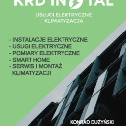 Grafika reklamowa firmy KRD Instal oferującej usługi elektryczne i klimatyzacyjne, z logotypem i danymi kontaktowymi na tle zdjęcia budynku.
