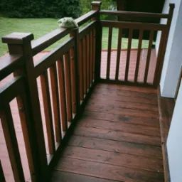 Zadaszony taras z drewnianą podłogą i balustradą; na balustradzie leży zielona ściereczka.