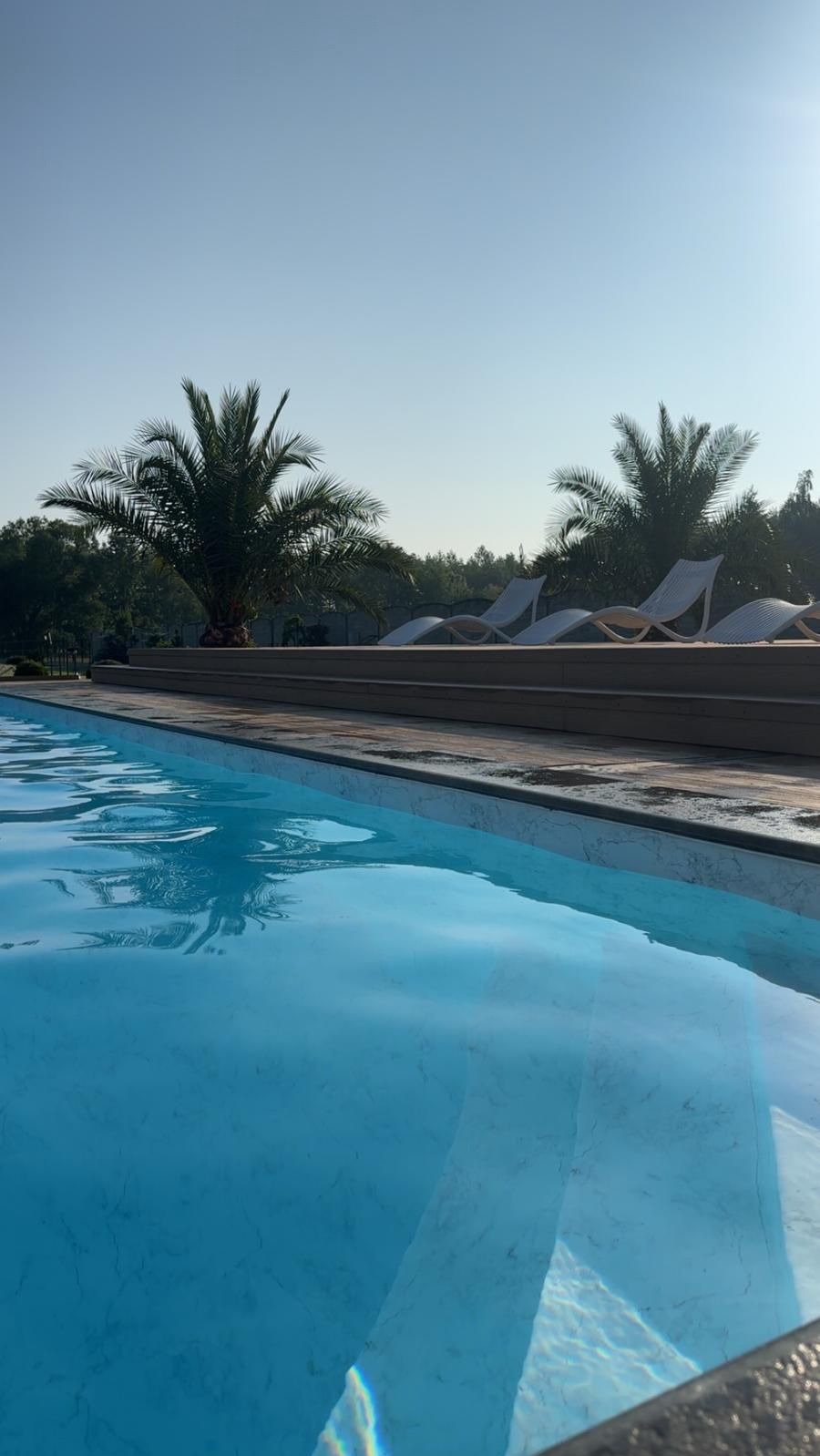 Błękitna woda w basenie z marmurowym wykończeniem, palmy i leżaki w tle, słoneczny dzień. Widok z poziomu wody.
