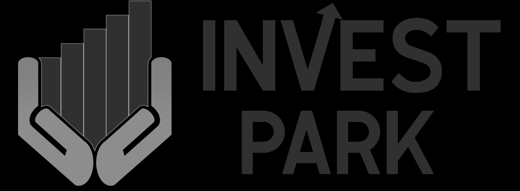 Graficzne logo firmy Invest Park przedstawia ręce podtrzymujące rosnący wykres słupkowy zakończony strzałką w górę.