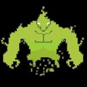 Pikselowa postać potwora w odcieniach zieleni na czarnym tle, z białymi oczami i rozpadającymi się kończynami.