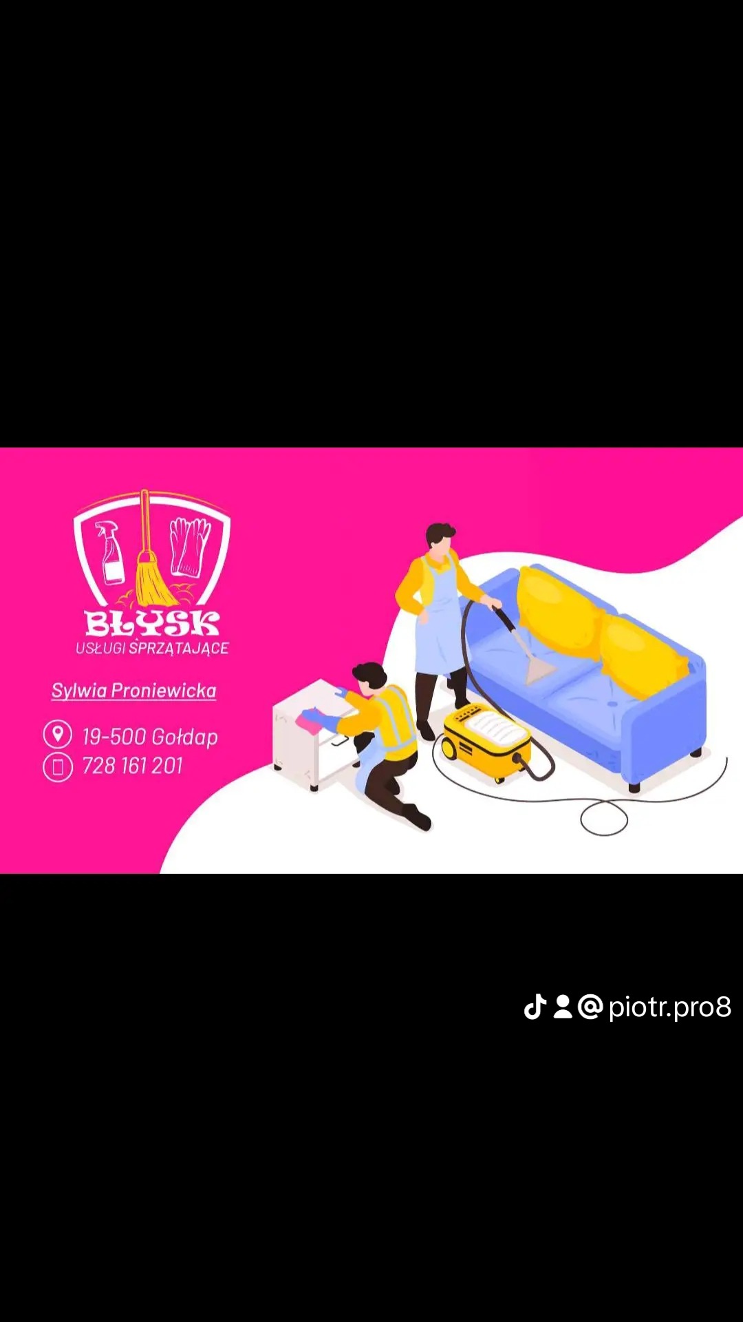 Grafika reklamowa firmy sprzątającej: dwuosobowy zespół czyści meble tapicerowane i szafkę, używając odkurzacza piorącego i ściereczki, na różowo-białym tle z logo i danymi kontaktowymi.