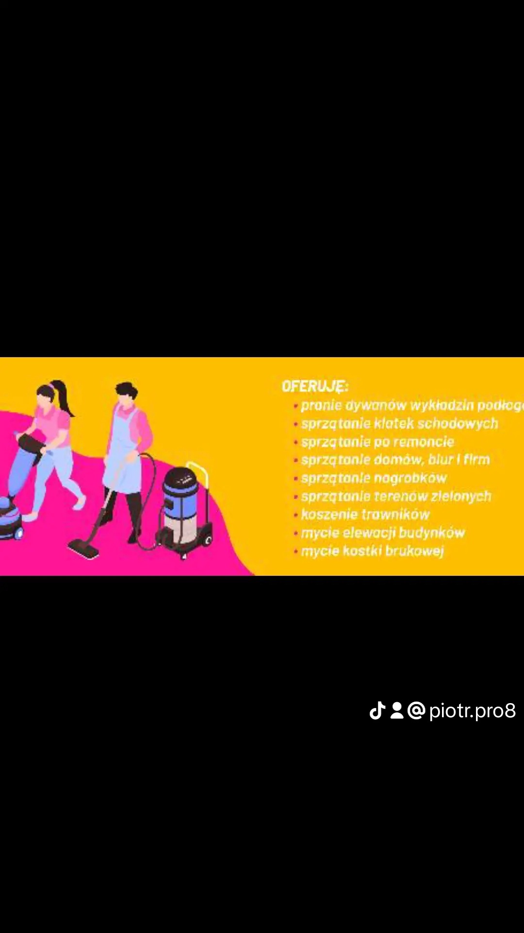 Grafika wektorowa przedstawiająca dwie osoby sprzątające: jedna odkurza dywan, druga stoi z odkurzaczem przemysłowym, obok lista oferowanych usług sprzątania.