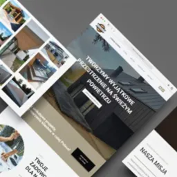 Prezentacja portfolio firmy z Wrześni specjalizującej się w tarasach i domach drewnianych na r&oacute;żnych urządzeniach, z widocznymi fragmentami stron 'O nas', 'W kontakcie' i 'Nasza misja'.