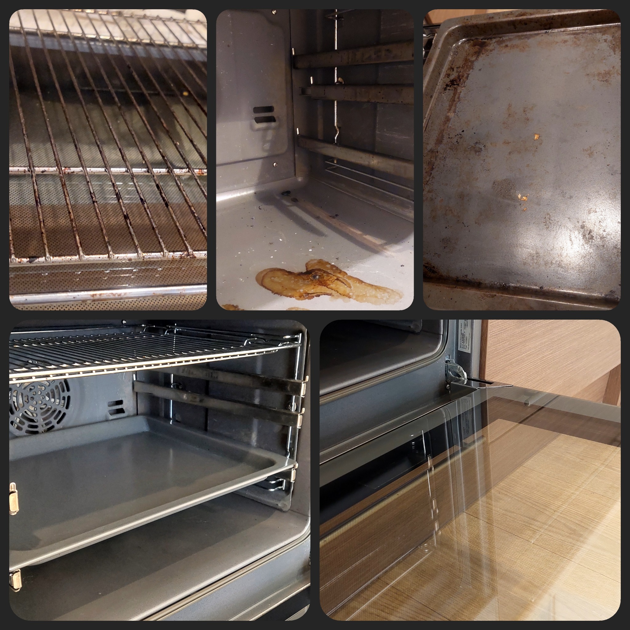 Kolaż przedstawiający wnętrze brudnego piekarnika przed i po umyciu: zardzewiały ruszt, przypalona blacha i resztki jedzenia na dnie, a następnie czysty piekarnik z błyszczącą blachą i szybą.