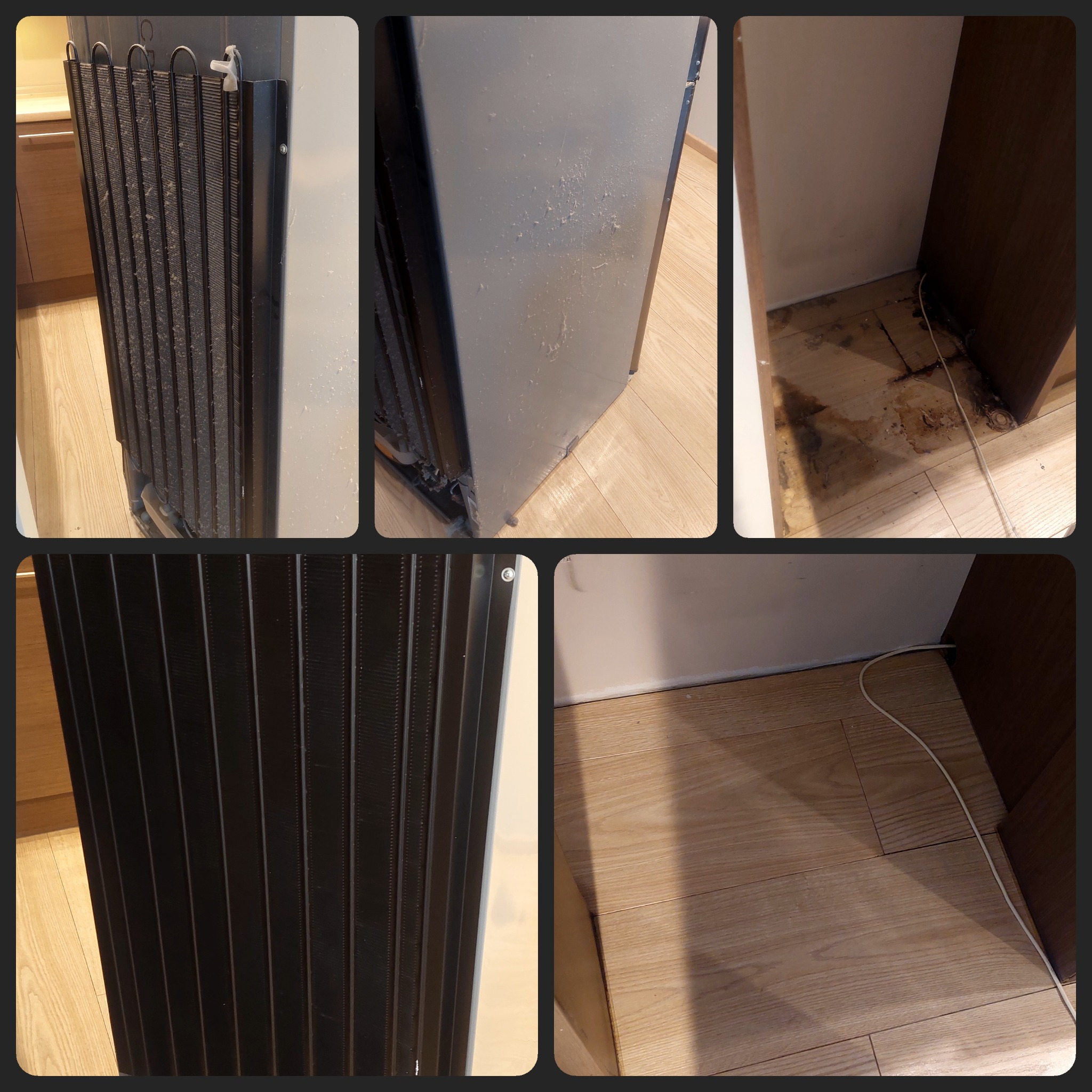 Zdjęcia prezentują brudną lodówkę z tyłu i z boku, oraz uszkodzoną podłogę w miejscu, gdzie stała lodówka, prawdopodobnie po wycieku. Widoczne kurz i zabrudzenia na elementach chłodzących...