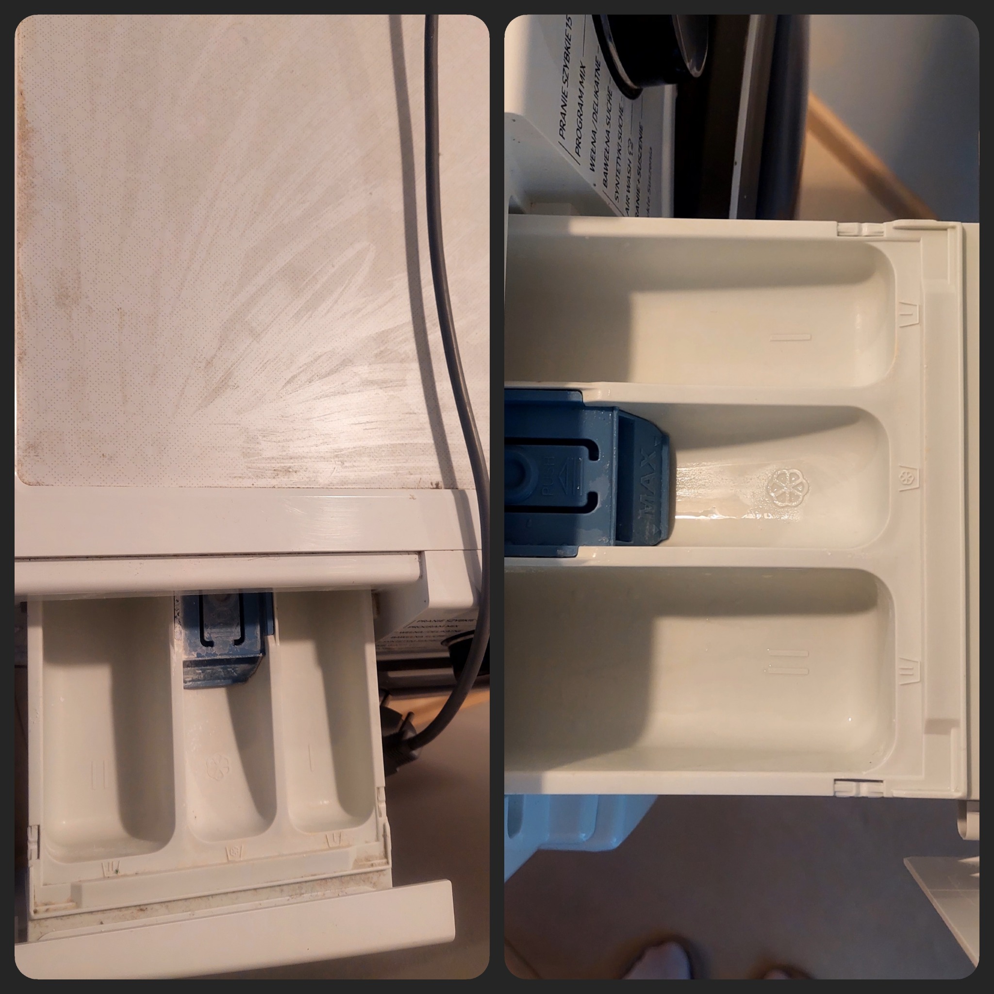 Dwa ujęcia szuflady na detergenty pralki automatycznej, widoczne osady i zabrudzenia po środkach piorących.