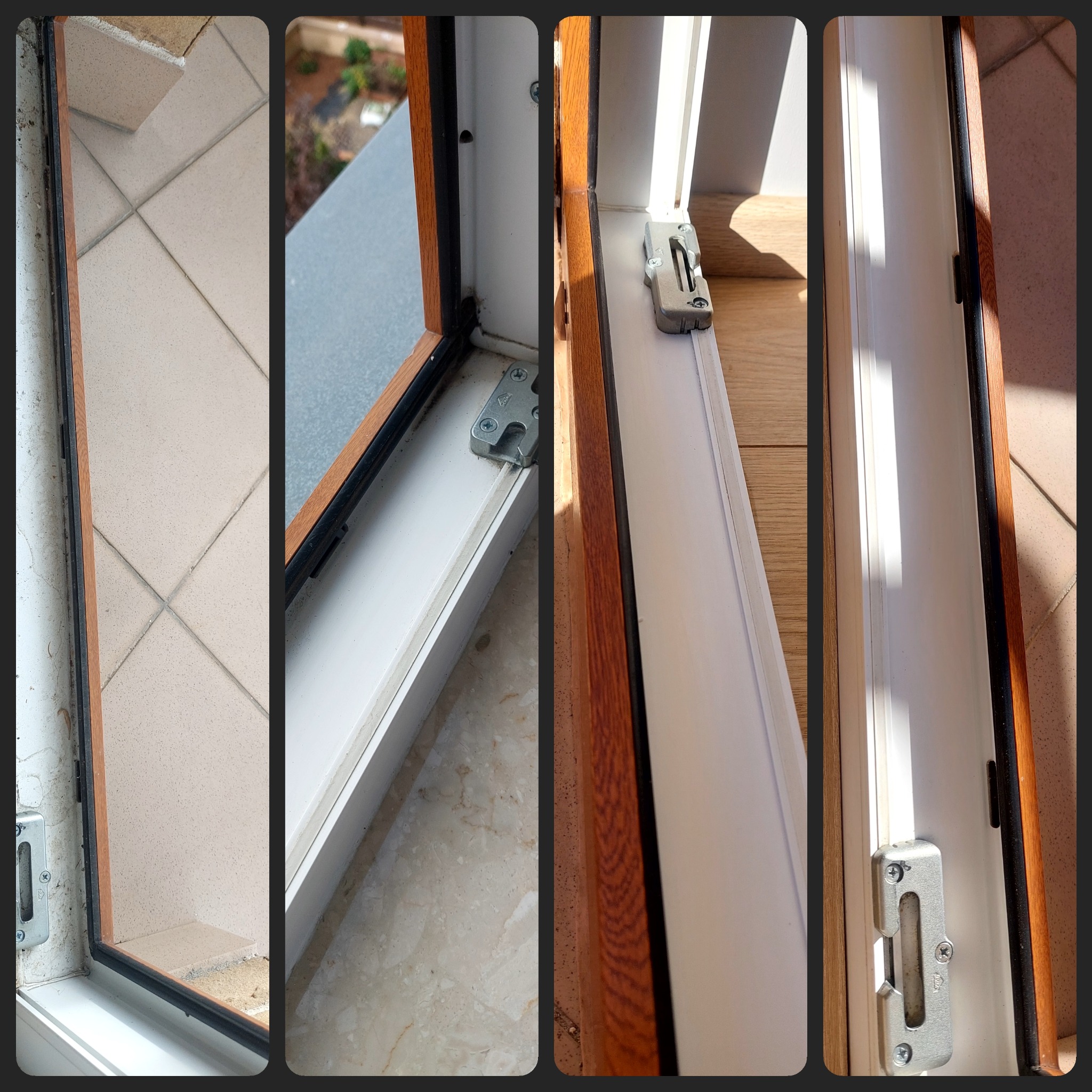 Czteropanelowe zbliżenie na ramę okienną: skrajnie brudna dolna część ramy okiennej balkonowej z widocznym osadem i kurzem na tle płytek balkonowych, czysta rama okienna z widokiem na zewnątrz...