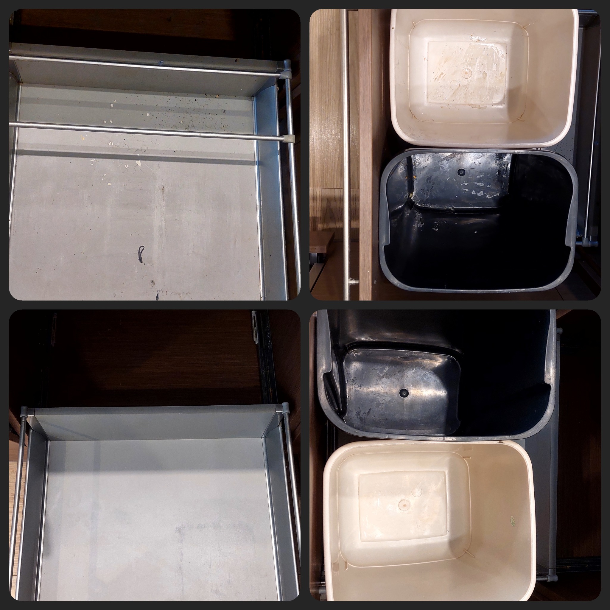 Wysuwane, brudne kosze na śmieci w szafce kuchennej, widoczne plamy i resztki na dnie i ściankach koszy.