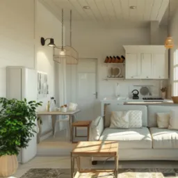 Jasne wnętrze w stylu skandynawskim: sofa z poduszkami, stół z krzesłami, kuchnia z białymi szafkami, oświetlenie wiszące i roślina doniczkowa, wszystko utrzymane w bieli i jasnych barwach.