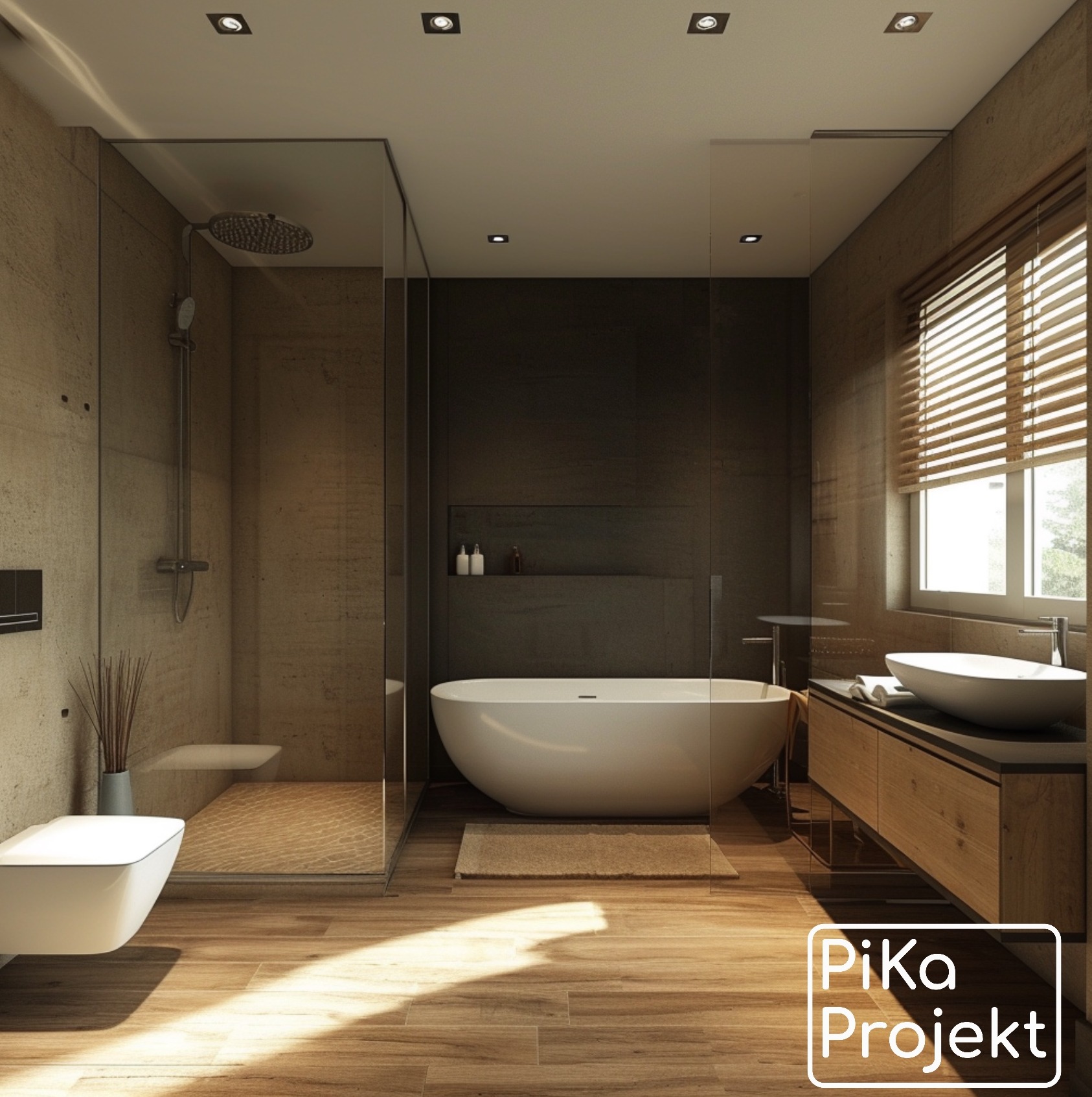 Nowoczesna łazienka z kabiną prysznicową typu walk-in, wolnostojącą wanną, umywalką nablatową na drewnianej szafce i oknem z żaluzjami, oświetlona punktowymi lampami sufitowymi.