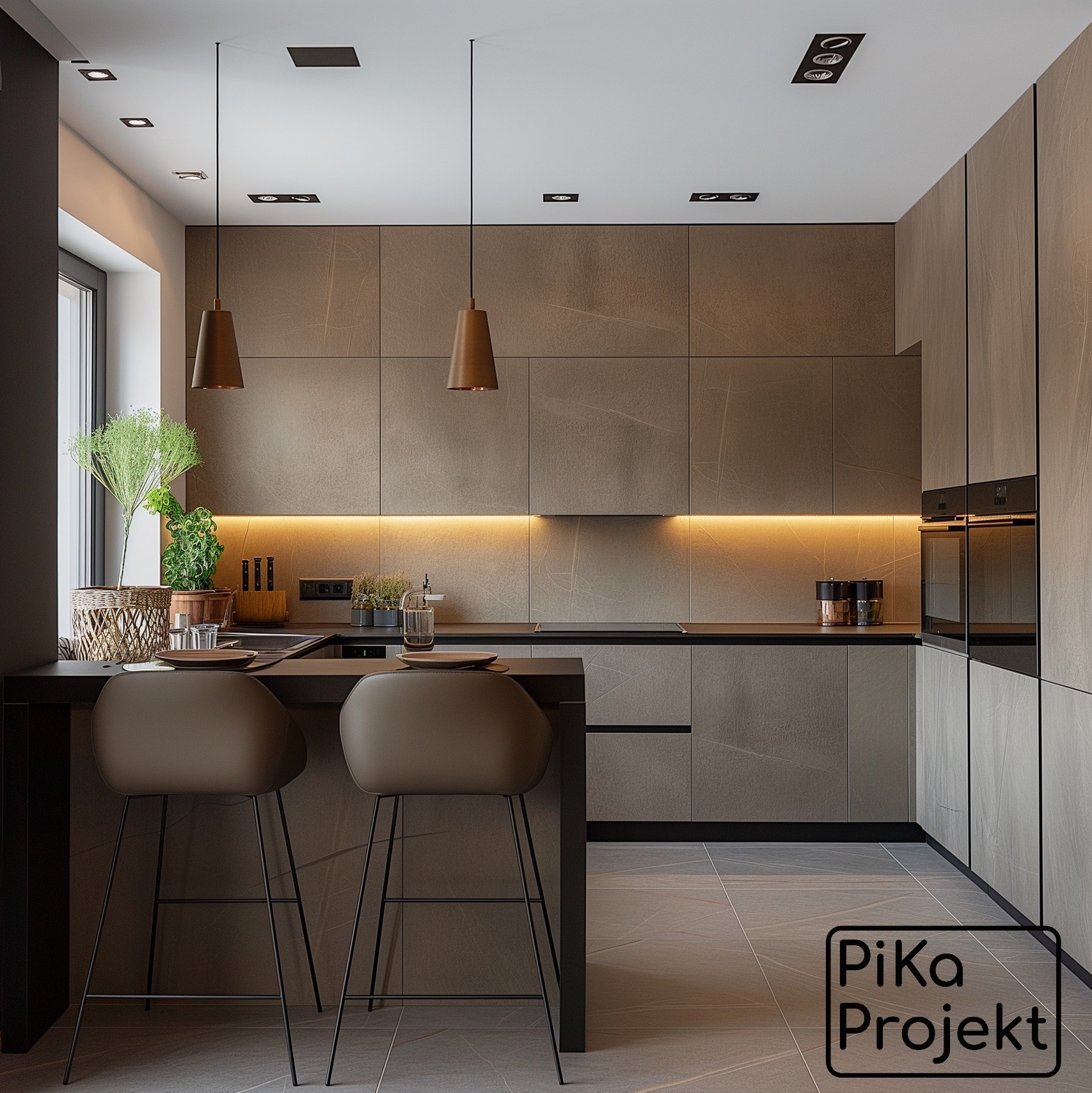 Nowoczesna kuchnia z wyspą, wykończona w odcieniach szarości i brązu, oświetlona listwami LED pod szafkami wiszącymi, z dwoma hokerami przy wyspie i roślinami w oknie.