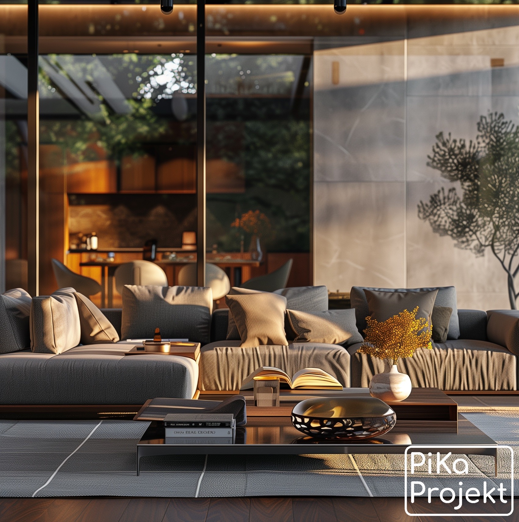 Nowoczesny salon z szarą sofą, stolikiem kawowym z książkami i dekoracyjną misą, widok na przeszkloną ścianę z zielenią na zewnątrz, ciepłe oświetlenie.