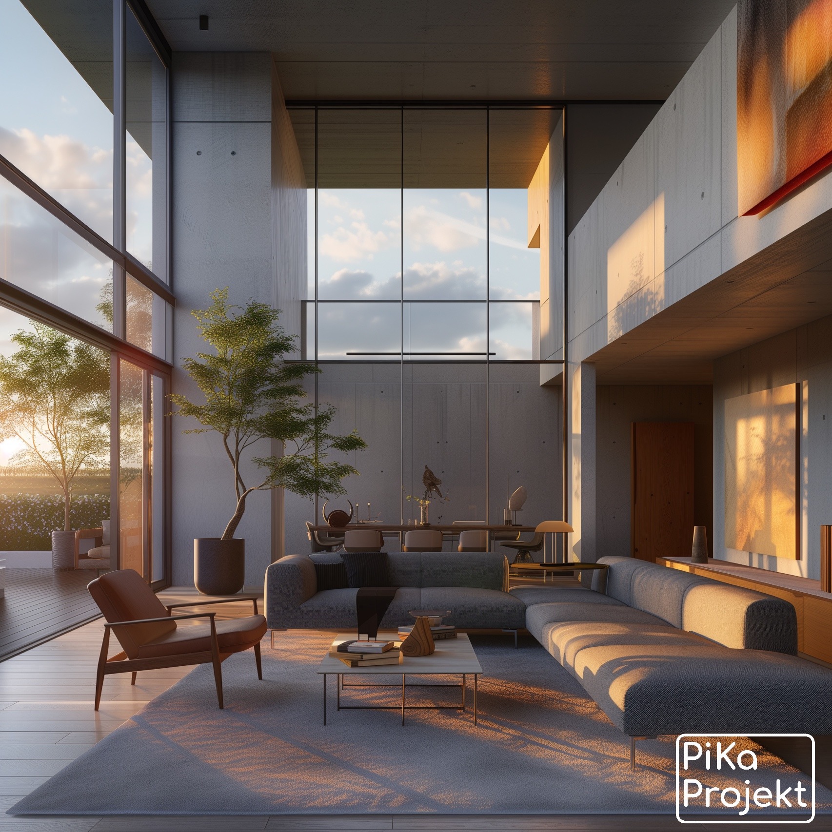 Przestronny salon z betonowymi ścianami, wysokimi oknami z widokiem na krajobraz, szarą sofą modułową, drewnianym fotelem i stolikiem kawowym z książkami oraz dekoracjami, oświetlony ciepłym...