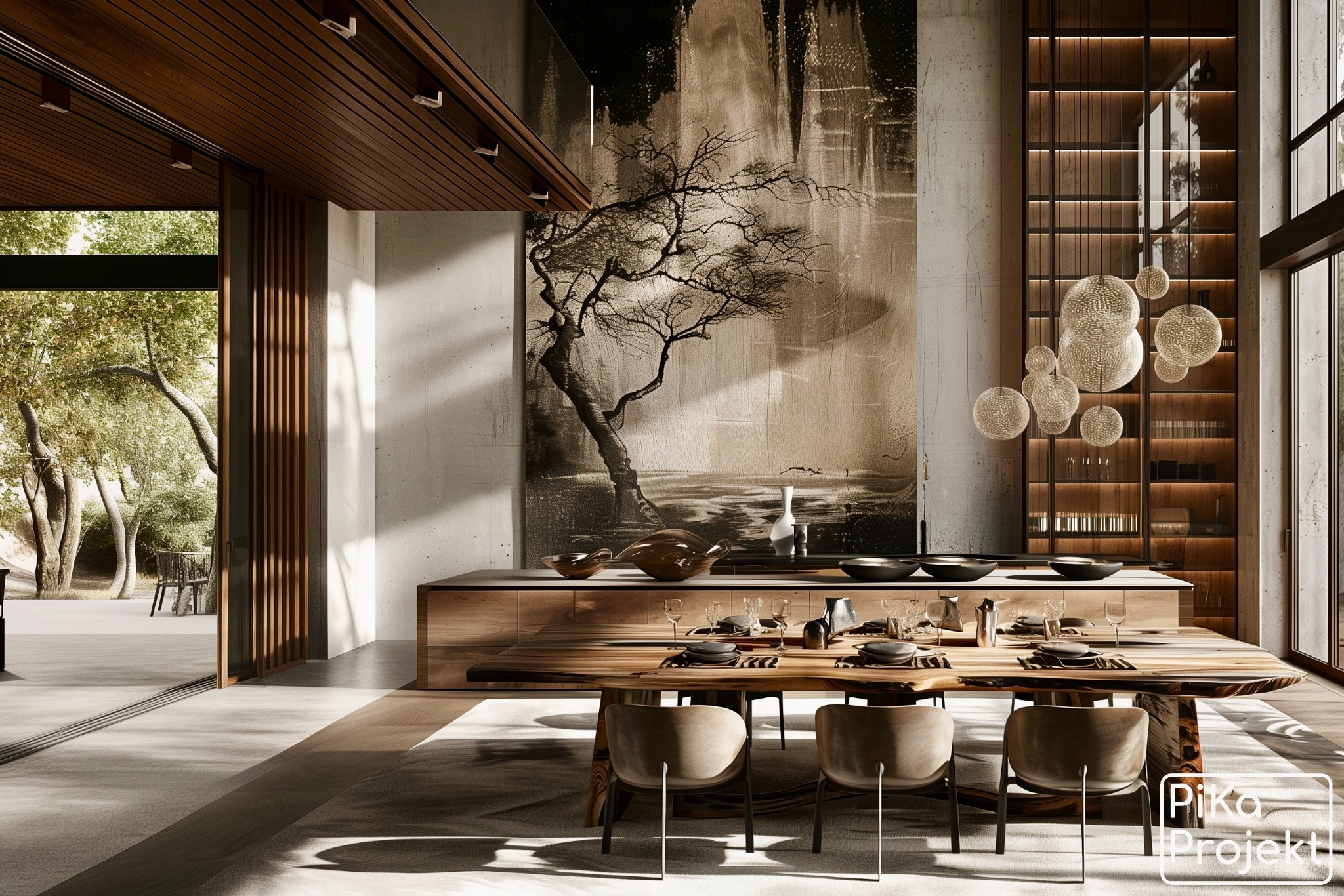 Przestronna jadalnia z drewnianym stołem, krzesłami i dekoracyjnym oświetleniem, betonowa ściana z abstrakcyjnym obrazem drzewa, przesuwne szklane drzwi na taras.