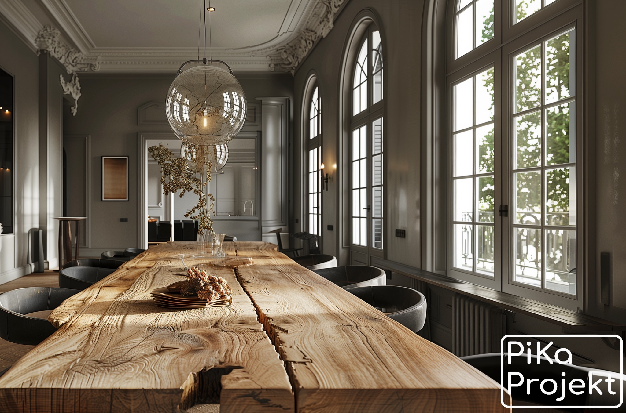 Jadalnia w stylu klasycznym z dużym drewnianym stołem z naturalnymi krawędziami, wiszącymi szklanymi lampami i wysokimi oknami z widokiem na zieleń.