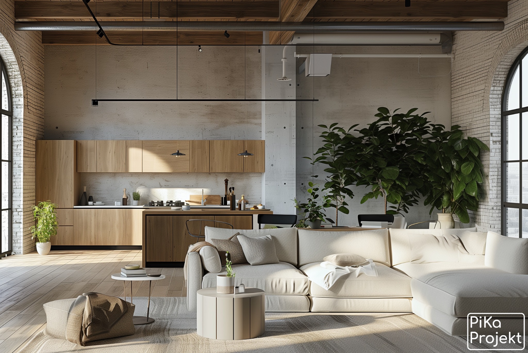 Jasna kuchnia z drewnianymi frontami, betonową ścianą i drewnianym sufitem w przestronnym loftowym wnętrzu, z roślinami doniczkowymi i narożną sofą w części dziennej.