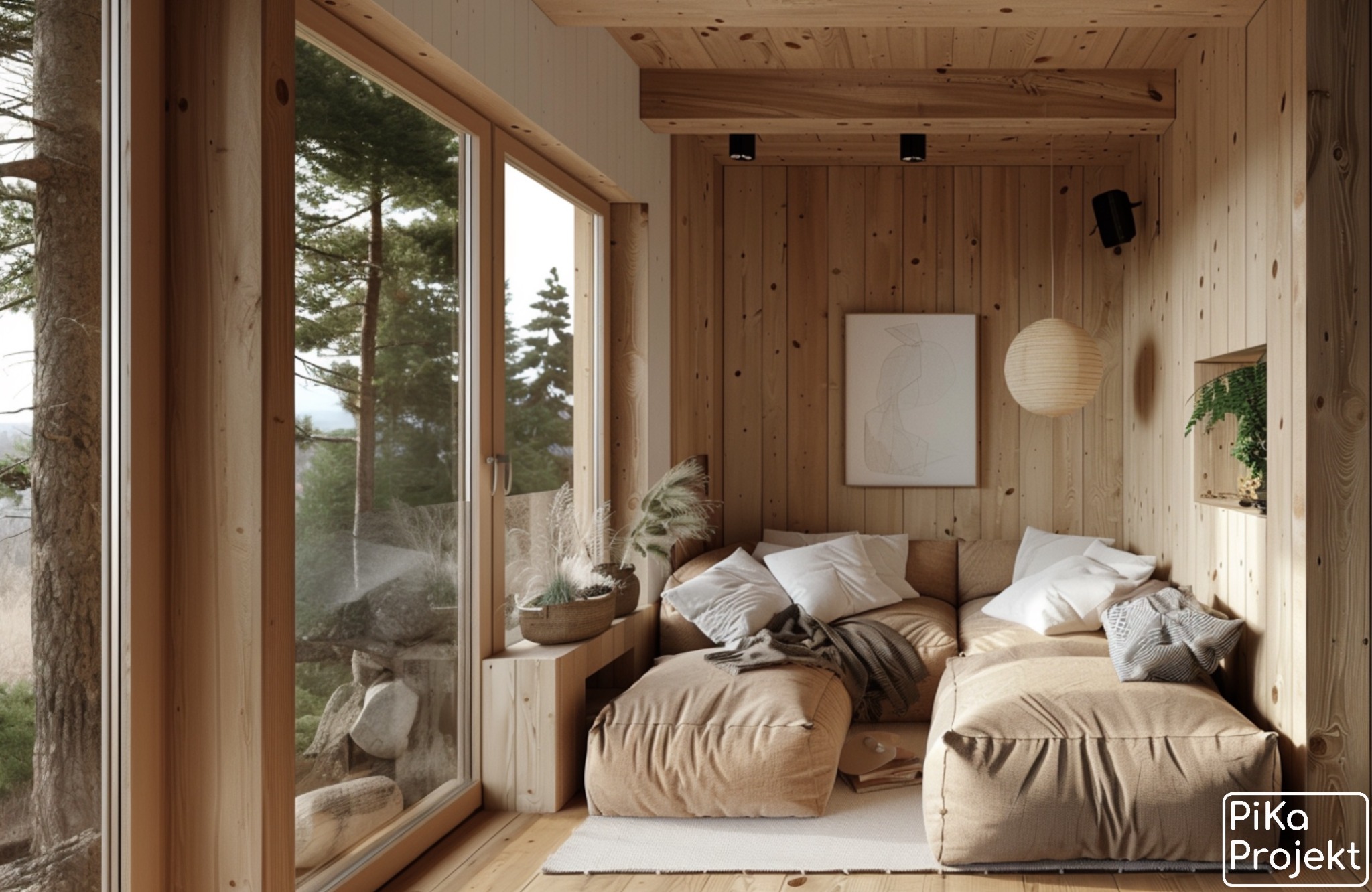 Jasne, drewniane wnętrze z dużym oknem z widokiem na las, beżowe pufy i poduszki, minimalistyczny wystrój, lampa w stylu japońskim i logo w prawym dolnym rogu.