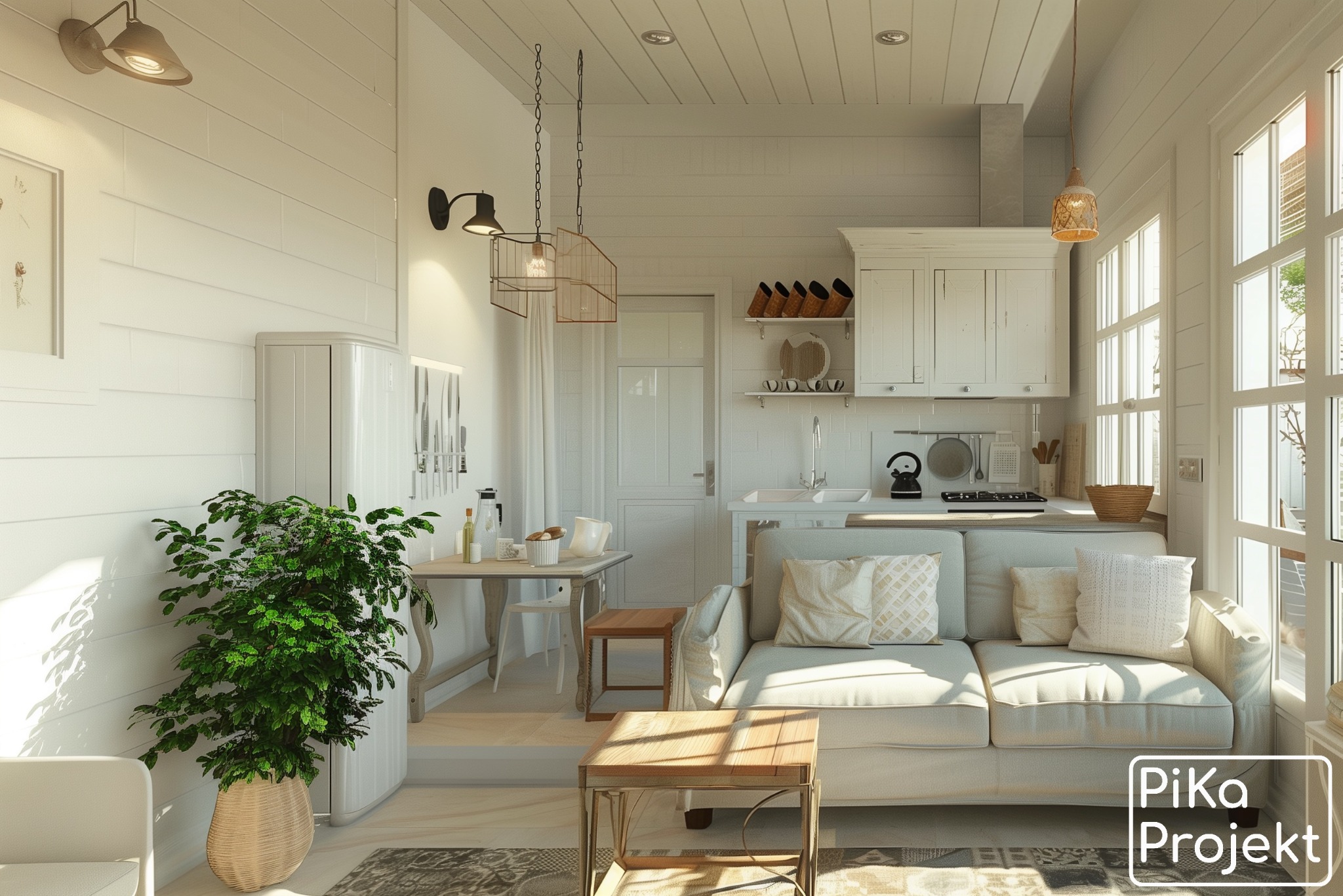 Jasne wnętrze w stylu skandynawskim: sofa z poduszkami, stół z krzesłami, kuchnia z białymi szafkami, oświetlenie wiszące i roślina doniczkowa, wszystko utrzymane w bieli i jasnych barwach.