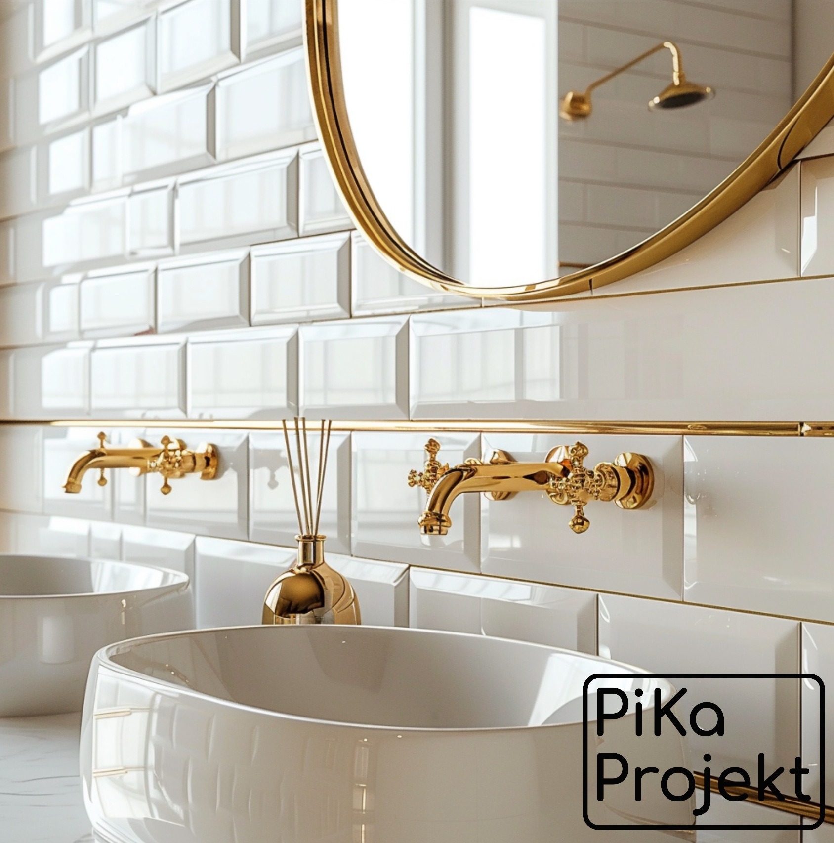 Elegancka łazienka z białymi, fazowanymi płytkami, złotą armaturą, owalnym lustrem w złotej ramie i dwoma umywalkami nablatowymi.