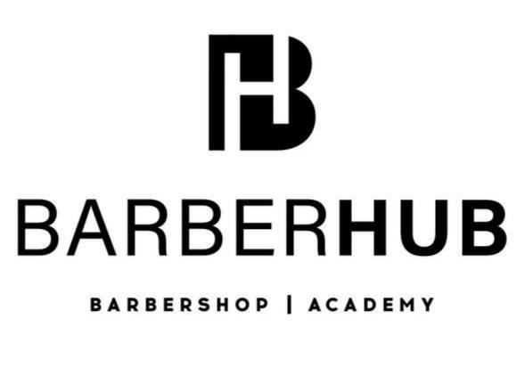 Logo Barberhub: stylizowana litera H w kwadracie nad napisem BARBERHUB BARBERSHOP | ACADEMY, czarno na białym tle.