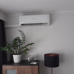 Top Instal Piotr Borzęcki - Biały klimatyzator ścienny z wyświetlaną temperaturą 23 stopnie, zamontowany w pokoju nad szafką z rośliną doniczkową i lampą podłogową.