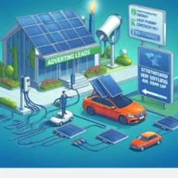 Ilustracja przedstawiająca budynek z panelami słonecznymi, samochody elektryczne oraz tablice informacyjne z hasłami reklamowymi, sugerująca ekologiczne rozwiązania i pozyskiwanie leadów.
