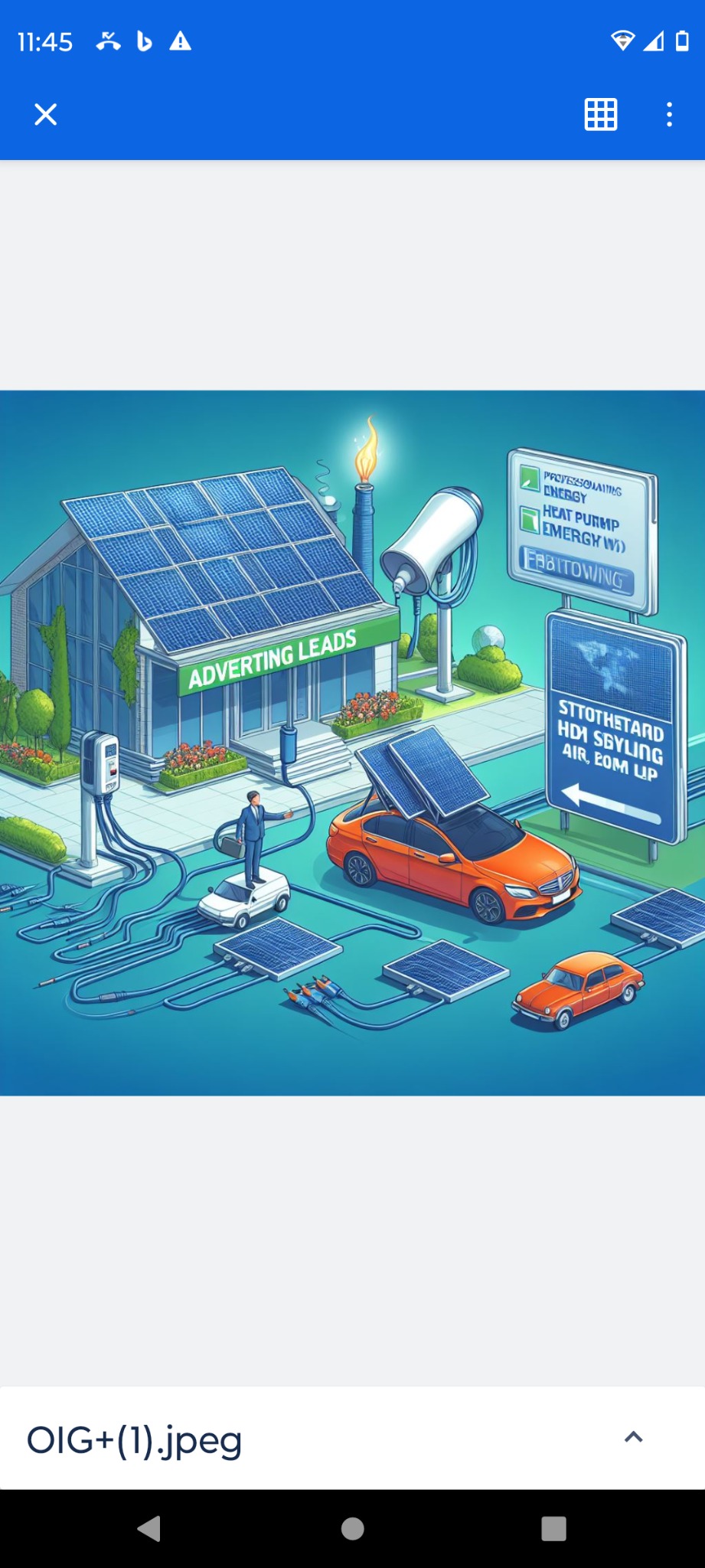 Ilustracja przedstawiająca budynek z panelami słonecznymi, samochody elektryczne oraz tablice informacyjne z hasłami reklamowymi, sugerująca ekologiczne rozwiązania i pozyskiwanie leadów.