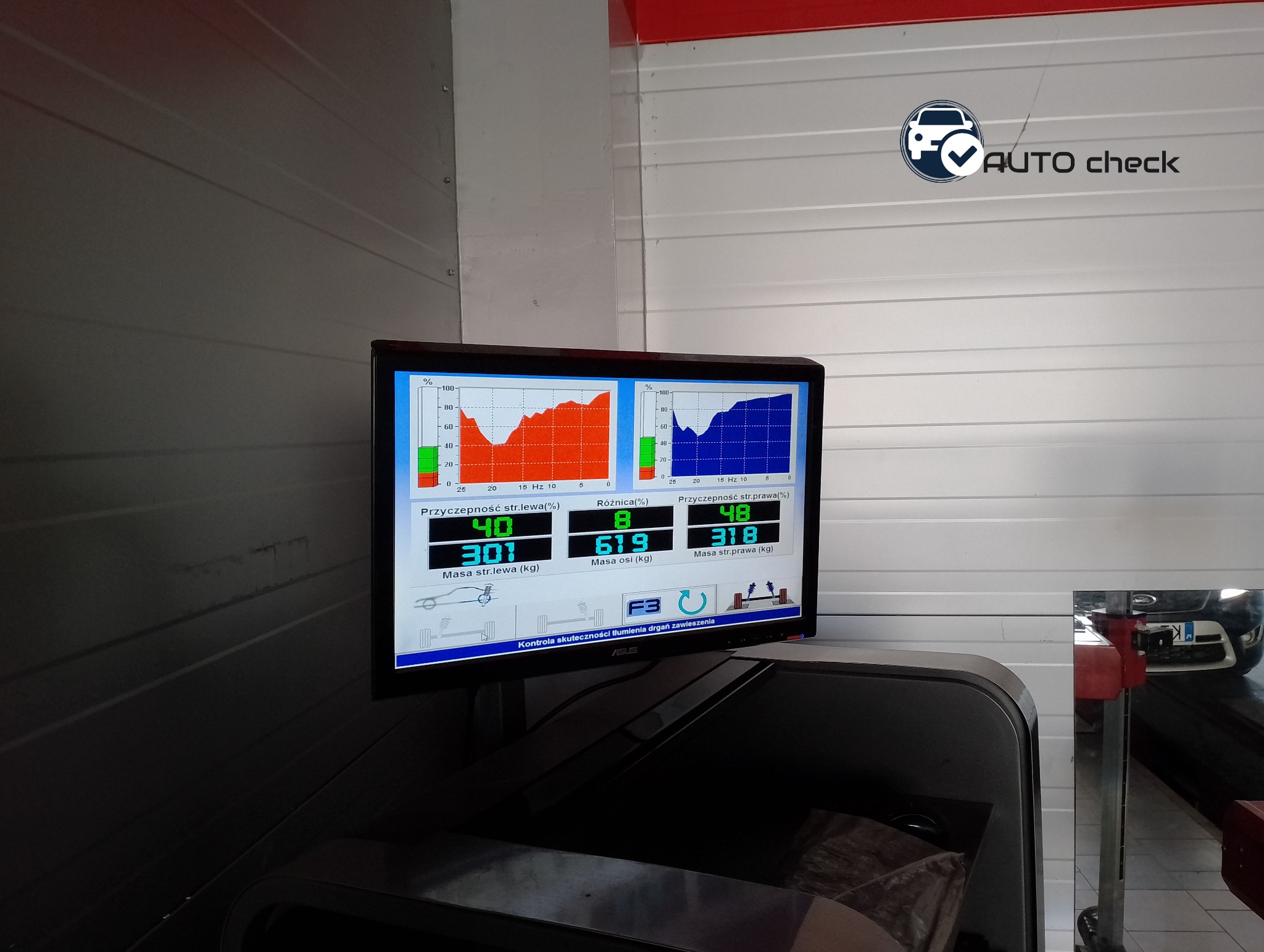 Ekran urządzenia diagnostycznego z wykresami i danymi pomiarowymi dotyczącymi zawieszenia pojazdu, widoczne wartości przyczepności i masy, w tle brama garażowa i fragment samochodu.