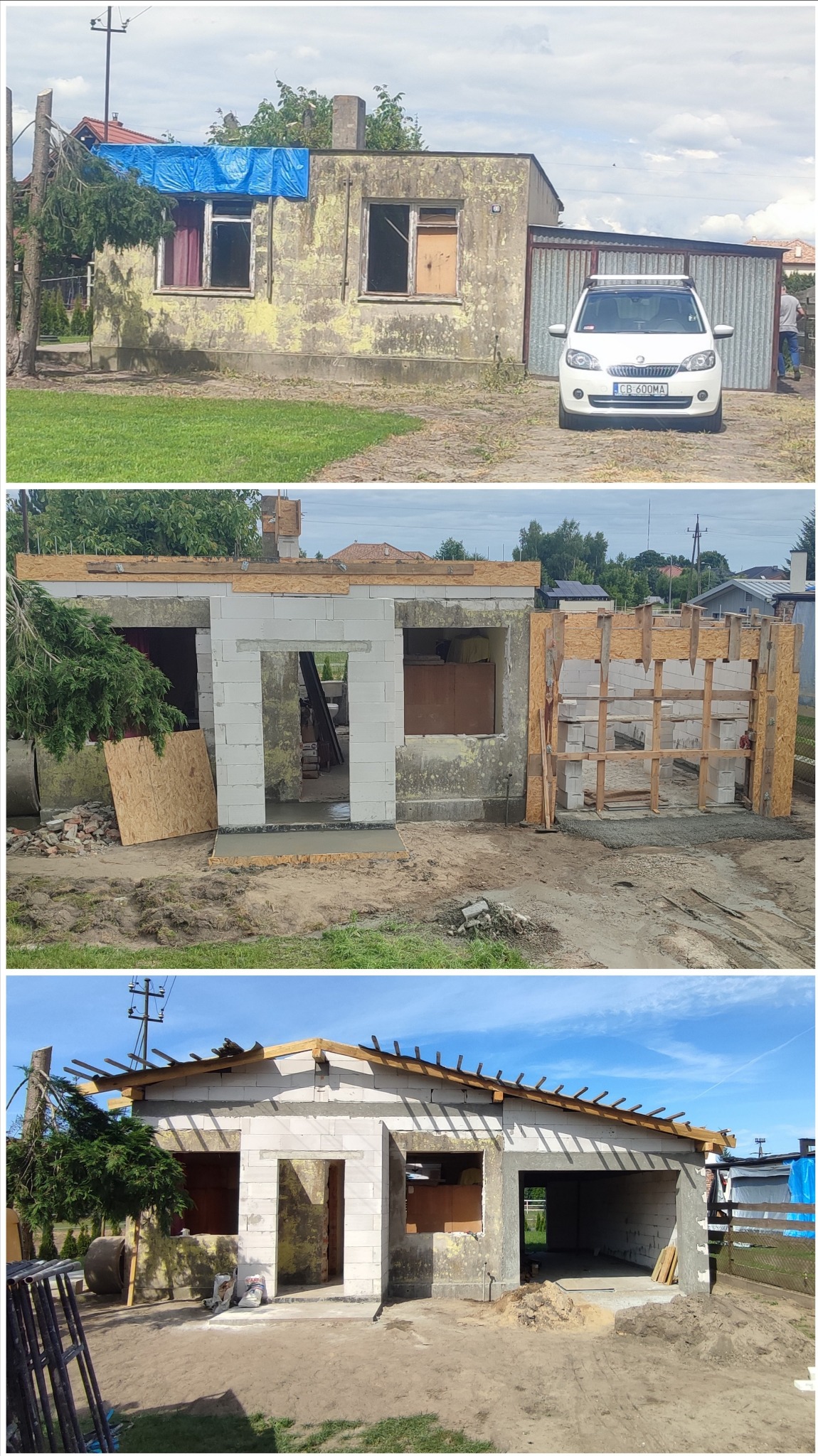 Trzy etapy rozbudowy murowanego budynku gospodarczego: stan początkowy z niebieską plandeką na dachu, budowa ścian z bloczków i drewnianych szalunków, oraz zadaszona konstrukcja w stanie surowym...