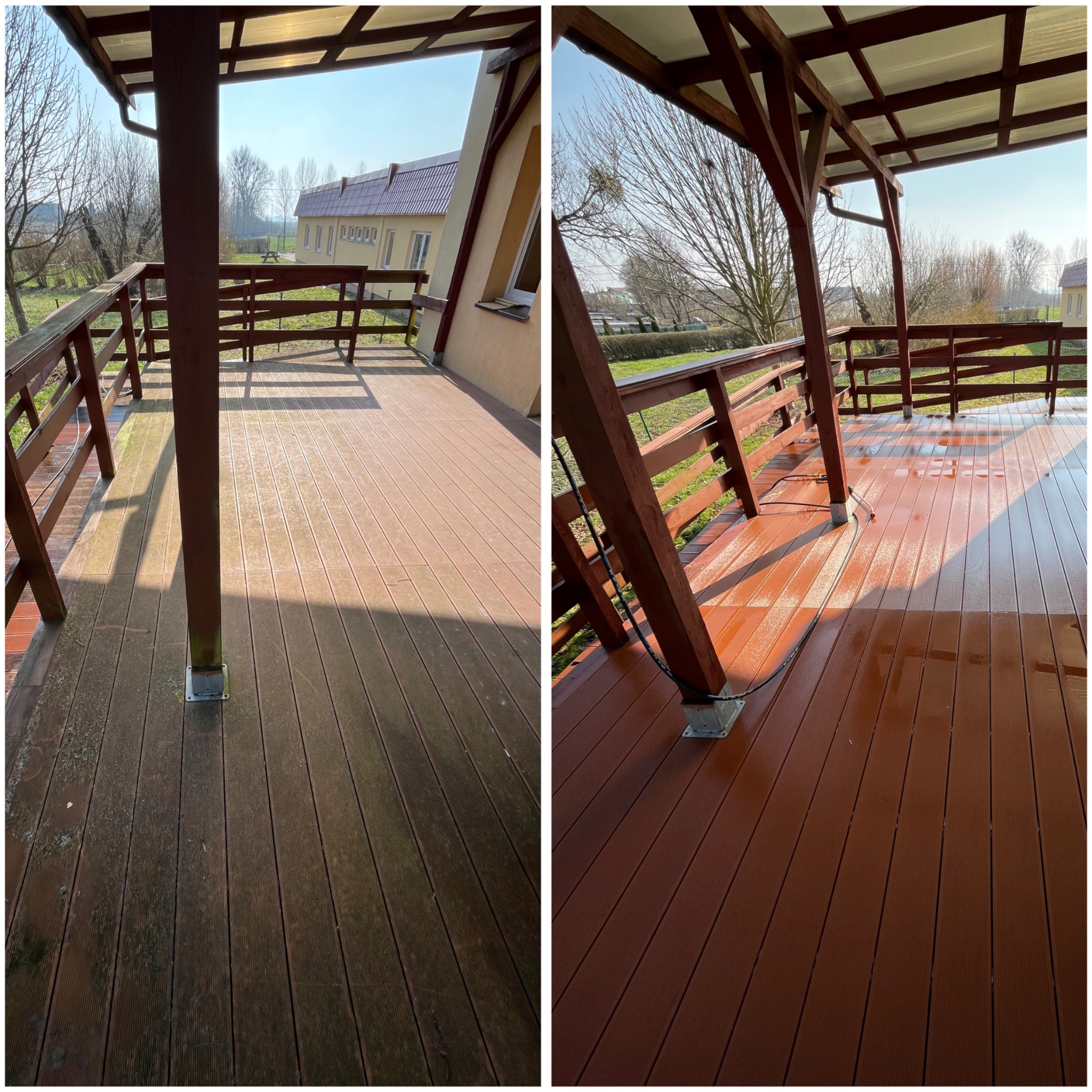 Porównanie czyszczenia drewnianego tarasu: po lewej stronie zabrudzona powierzchnia, po prawej świeżo umyta, mokra deska tarasowa z widoczną różnicą w kolorze i strukturze, w tle zieleń i zabudowania.