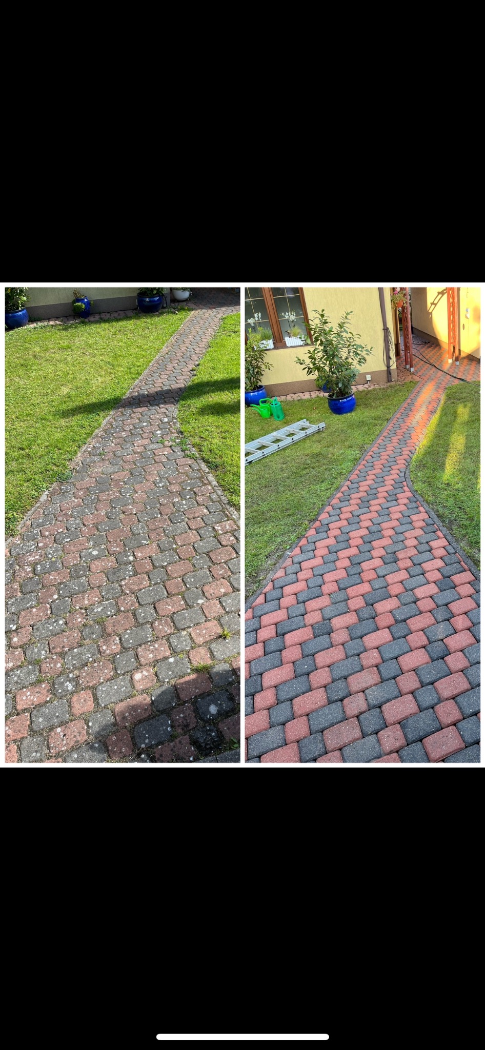 Porównanie stanu kostki brukowej przed i po czyszczeniu: po lewej stronie zaniedbana, porośnięta mchem, po prawej świeżo umyta, z wyraźnym wzorem czerwono-szarych kostek, na tle zielonego trawnika...