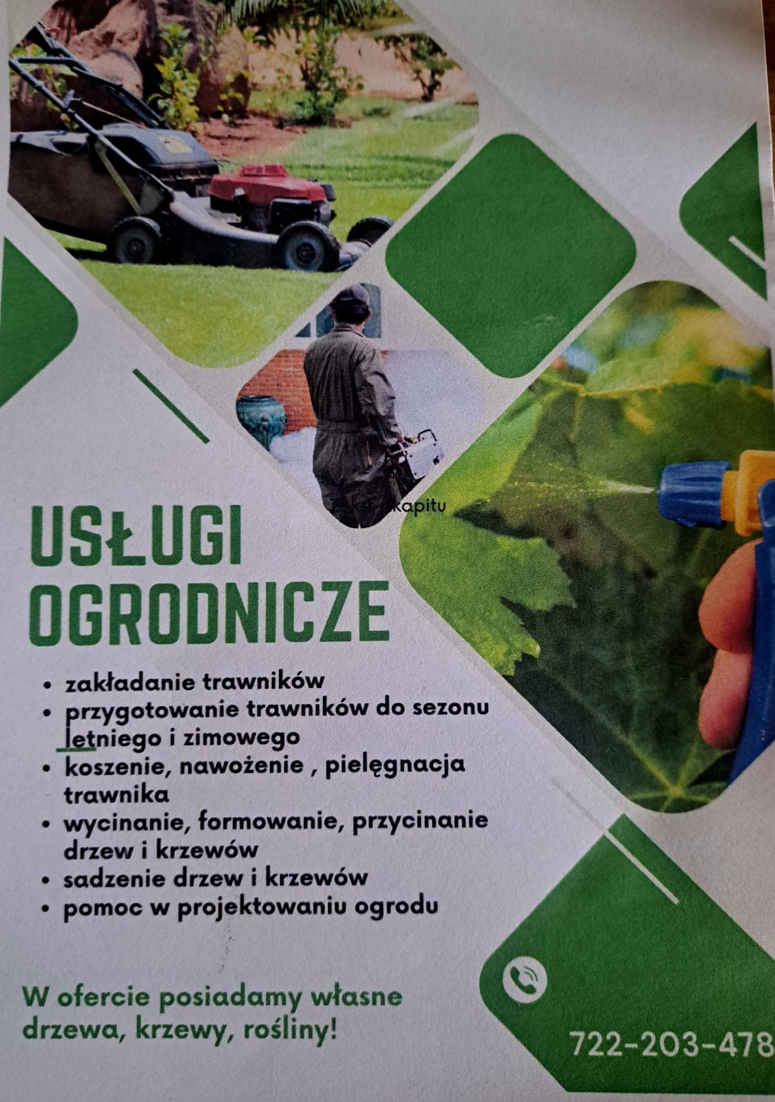 Ulotka reklamowa usług ogrodniczych z ilustracjami: kosiarka na trawniku, ogrodnik z piłą spalinową, opryskiwanie roślin. Tekst wymienia zakładanie trawników, przygotowanie trawników do sezonu...
