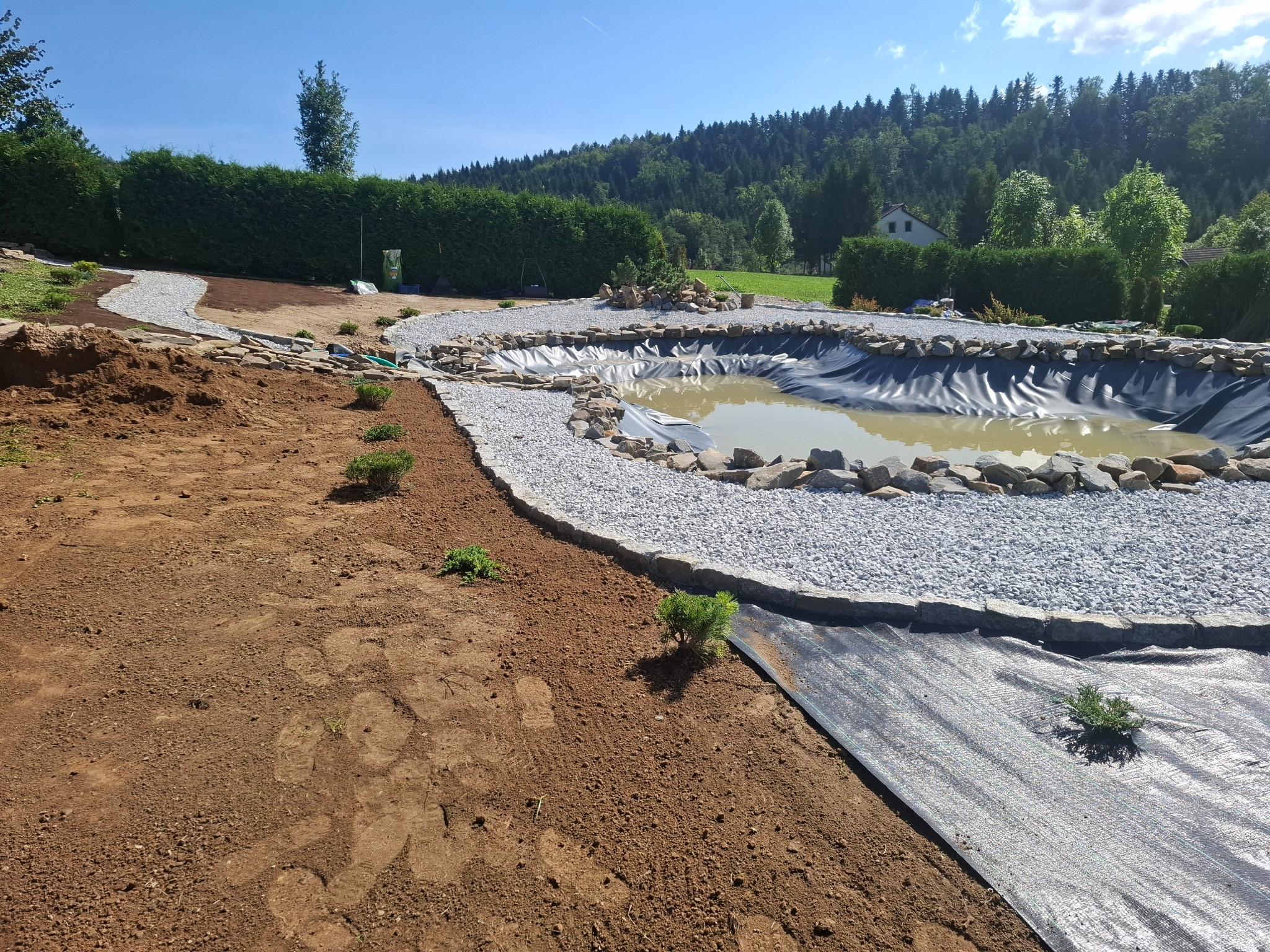 Etap budowy oczka wodnego z folią, kamieniami i ścieżką z grysu na tle zieleni. Widoczne przygotowane podłoże i małe sadzonki. Słoneczny dzień.
