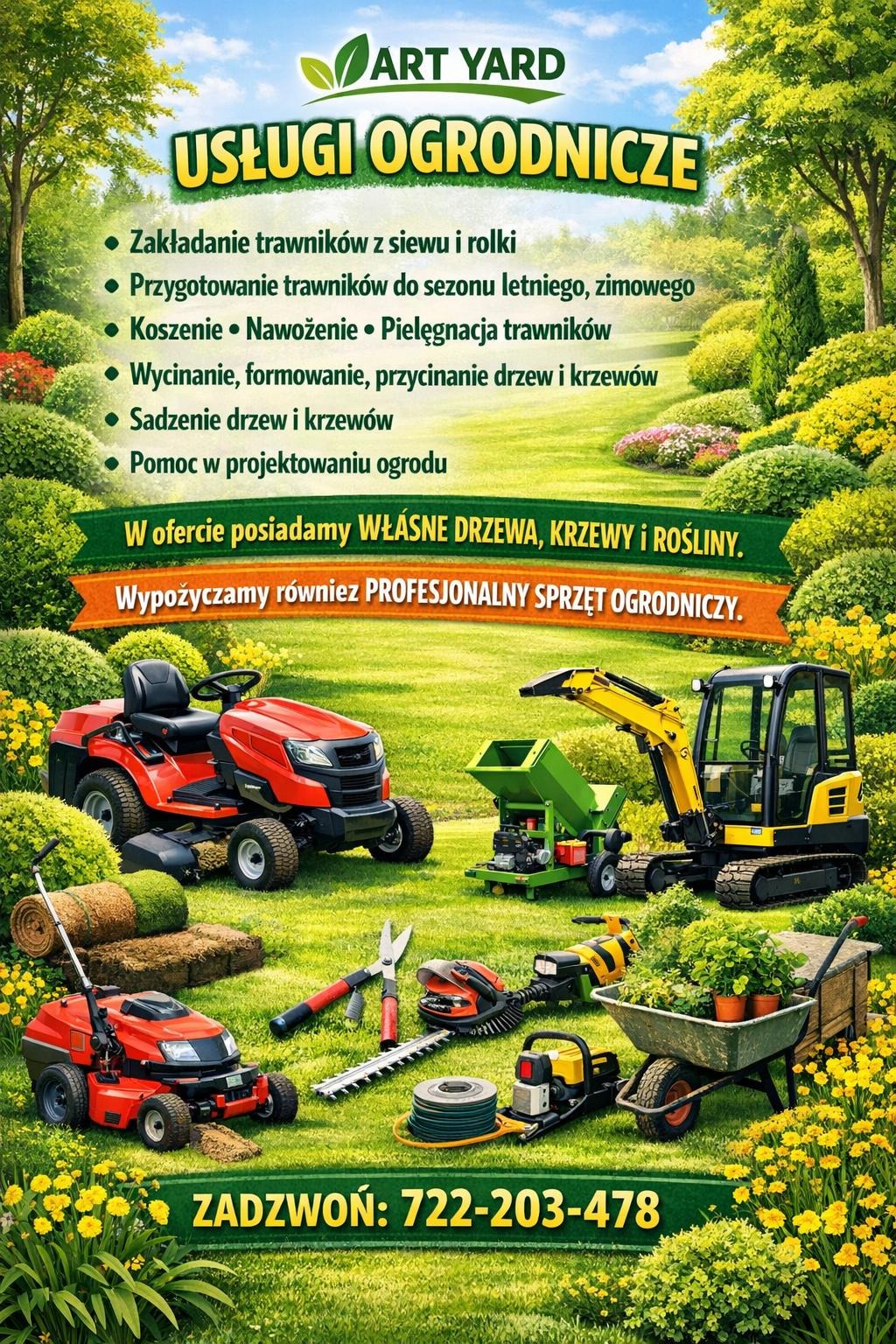 Ilustracja usług ogrodniczych z narzędziami i sprzętem: traktorek, kosiarka, minikoparka, nożyce, piła łańcuchowa, taczka z roślinami. Reklama firmy Art Yard.