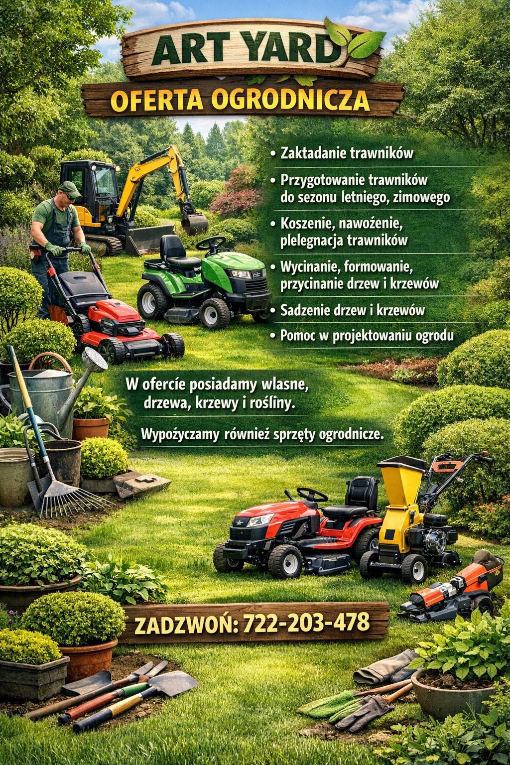 Oferta usług ogrodniczych w Nowym Sączu: sprzęt (kosiarki, glebogryzarka, koparka) i narzędzia ogrodnicze na tle zieleni. Reklama firmy Art Yard.