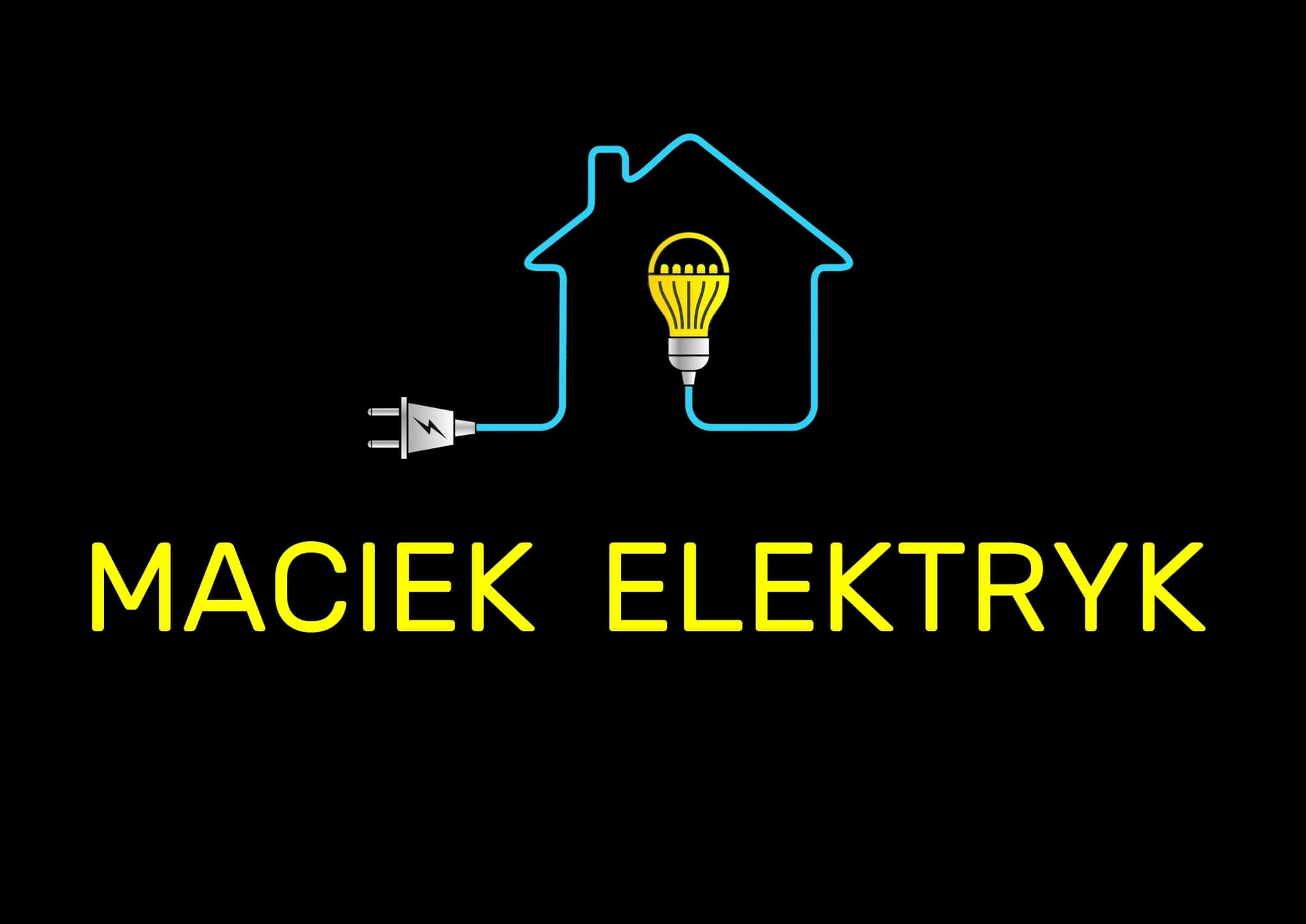 Neonowy logotyp elektryka: kontur domu z żarówką w środku, podłączony wtyczką do prądu, napis 'Maciek Elektryk' w żółtej czcionce na czarnym tle.