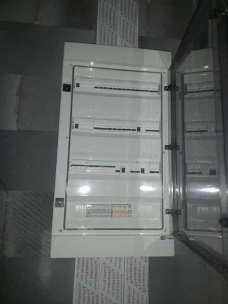 Otwarta, biała skrzynka rozdzielcza z zainstalowanymi bezpiecznikami, zamontowana na szarej ścianie, widoczne przewody i etykiety.