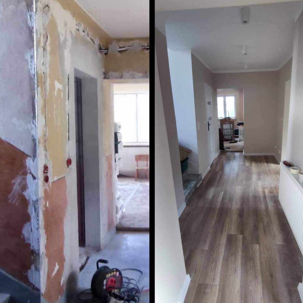 Korytarz w trakcie remontu: po lewej ściany ze śladami starej farby i instalacji elektrycznej, po prawej odnowiony korytarz z gładkimi ścianami, panelami podłogowymi i grzejnikiem.