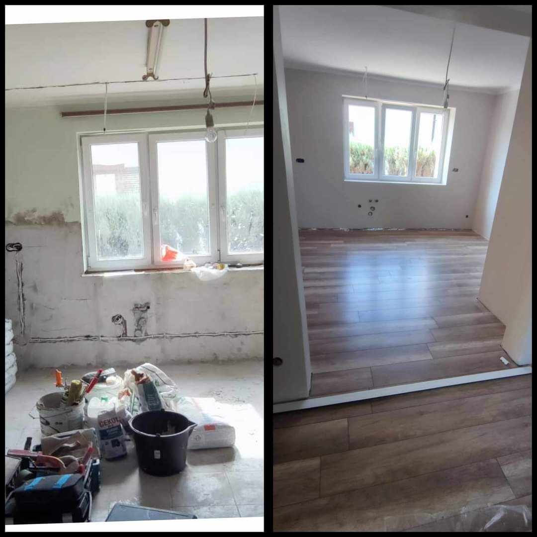 Porównanie stanu pomieszczenia przed i po remoncie: widoczne surowe ściany z instalacjami przed położeniem gładzi oraz nowa drewniana podłoga po remoncie, z oknem w tle.