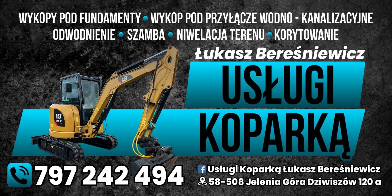 Żółta minikoparka CAT 301.5E HD na tle tekstur z ofertą usług: wykopy pod fundamenty, przyłącza wodno-kanalizacyjne, odwodnienia, szamba, niwelacja terenu, korytowanie. Widoczne dane kontaktowe...