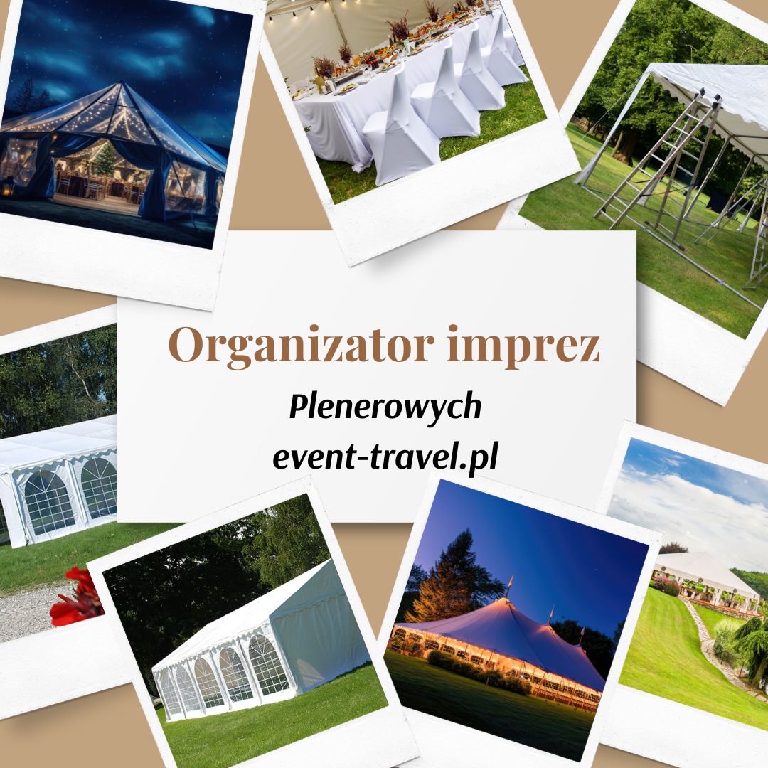 Kolaż zdjęć przedstawiających białe namioty imprezowe w różnych ujęciach i konfiguracjach, w tym namiot z oświetleniem nocą, namiot z nakrytymi stołami i krzesłami, oraz namiot podczas montażu...